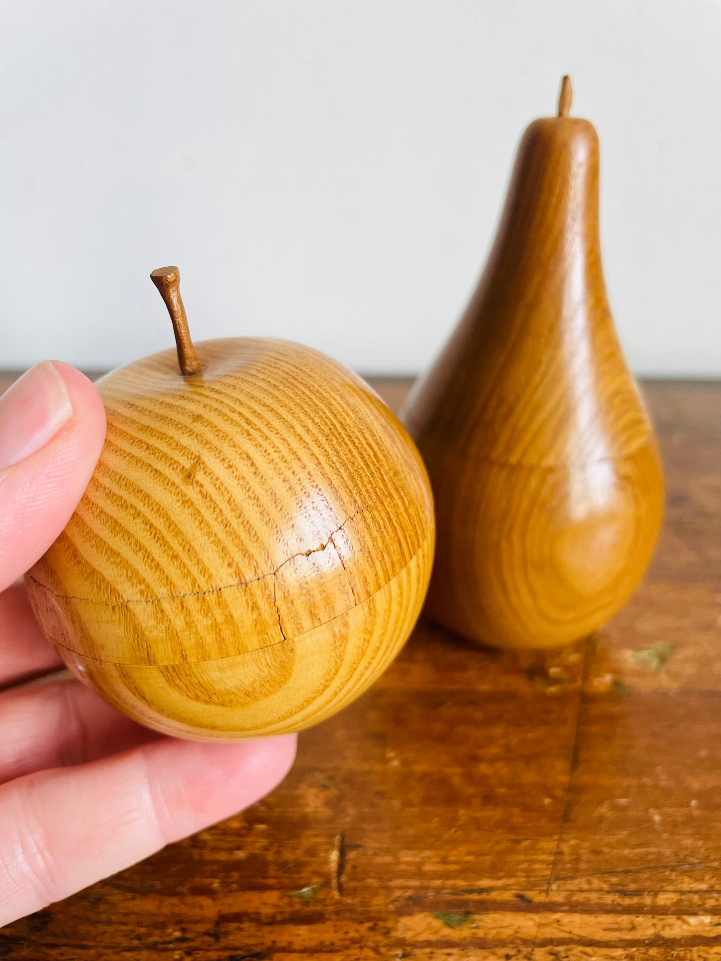 Vintage Carved Wood Pear & Apple Lidded Box Containers - Open Up / Hollow Inside - Set of 2