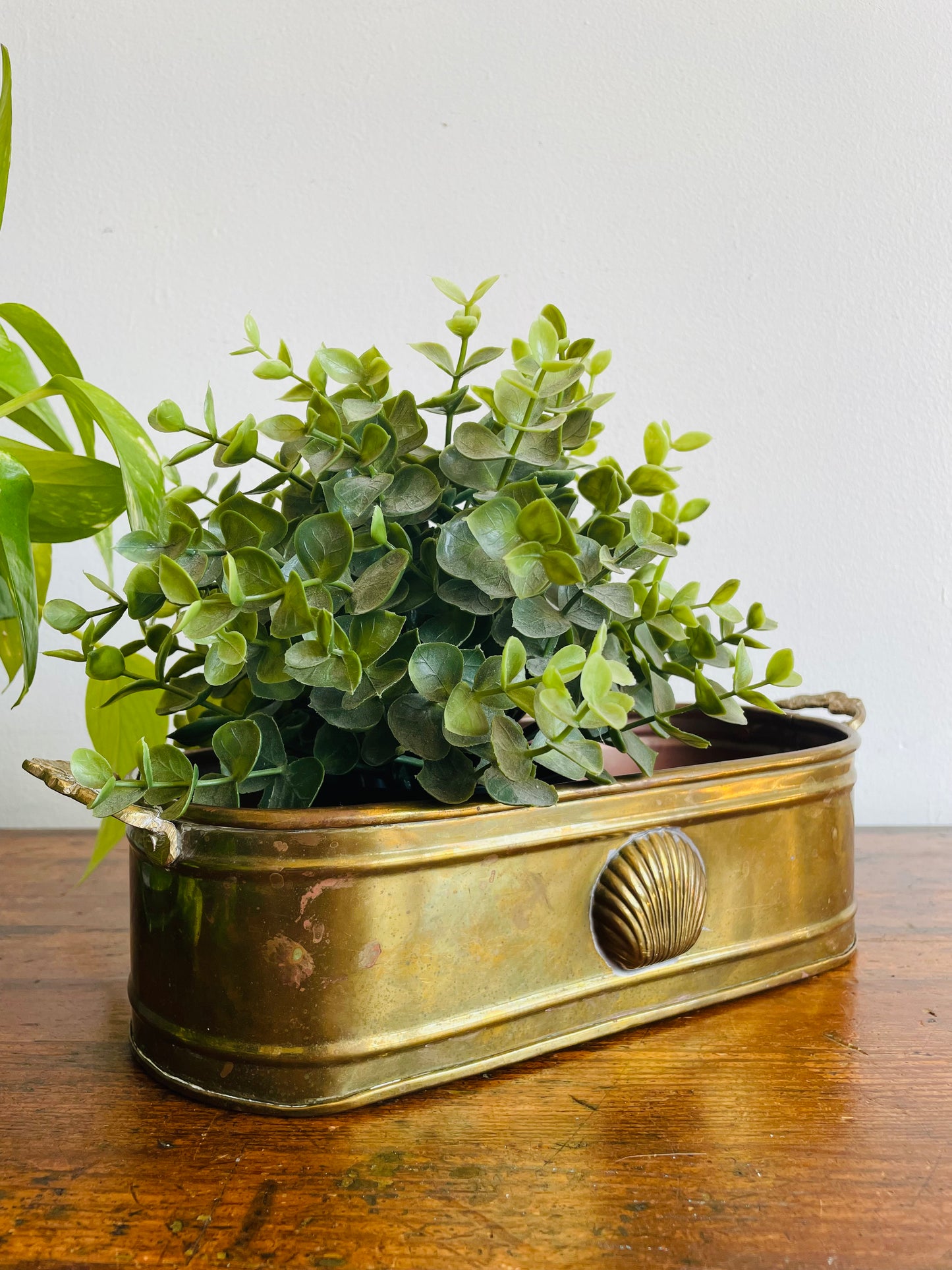 Solid Brass Long Planter Trough with Floral Handles & Shell Design - Made in India