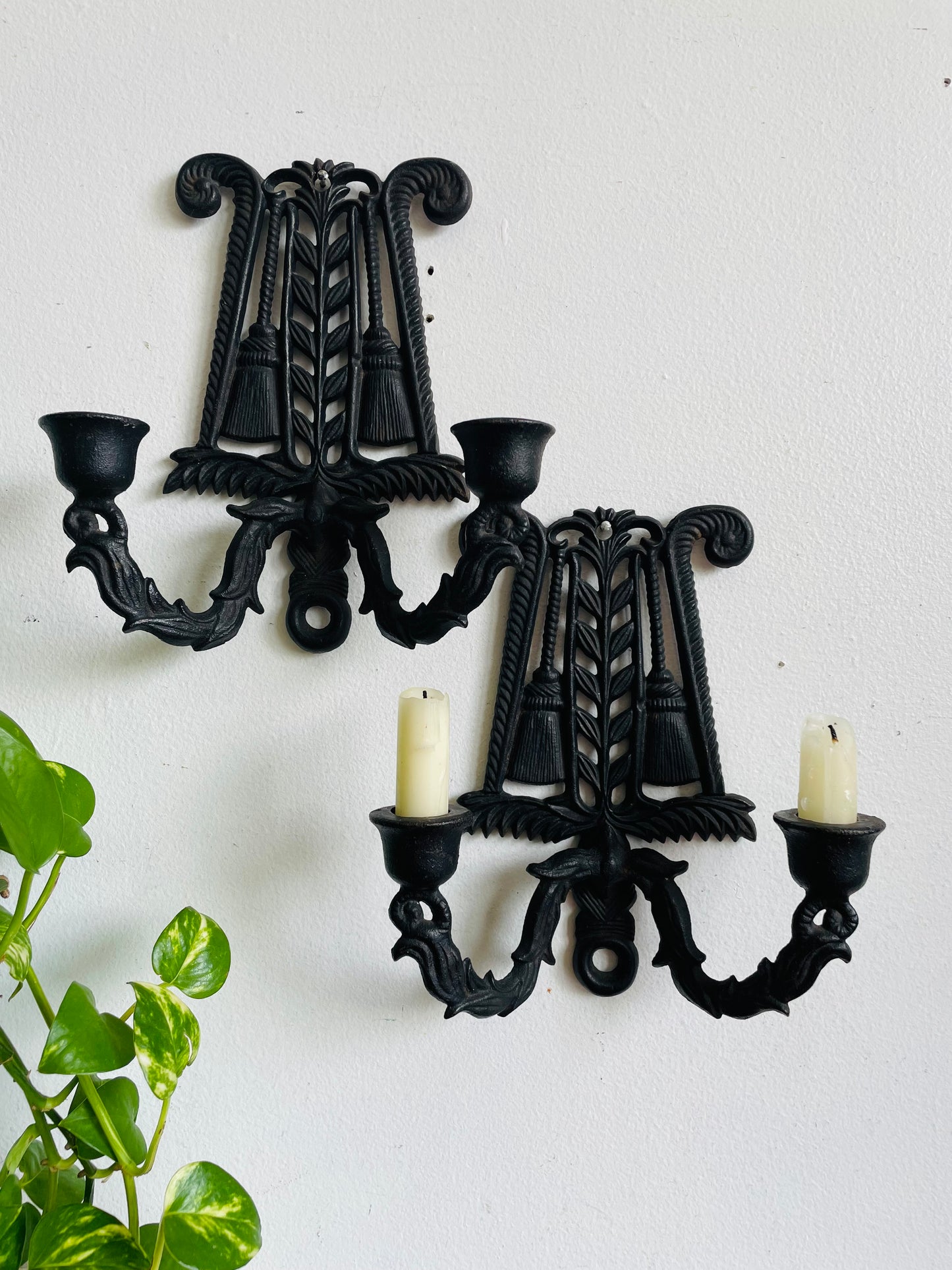 Vintage Wilton Cast Iron Double Candle Holder Wall Hanging Sconces - Set of 2