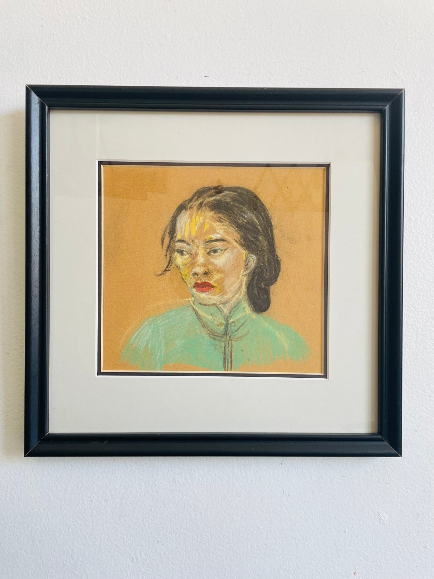 Vintage Original Art Pastel Chalk Portrait Picture of Woman in Turquoise Cheongsam Dress - Purchased from Son of the Artist in Haliburton, ON