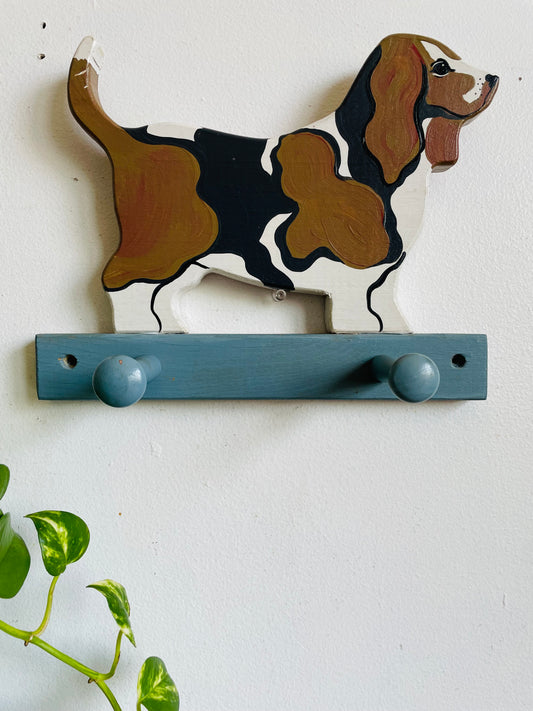 Vintage Wood Hand-Painted Basset Hound Dog Wall Hook Hanger with 2 Hooks - Wood Whims Folk Art - Halifax Nova Scotia