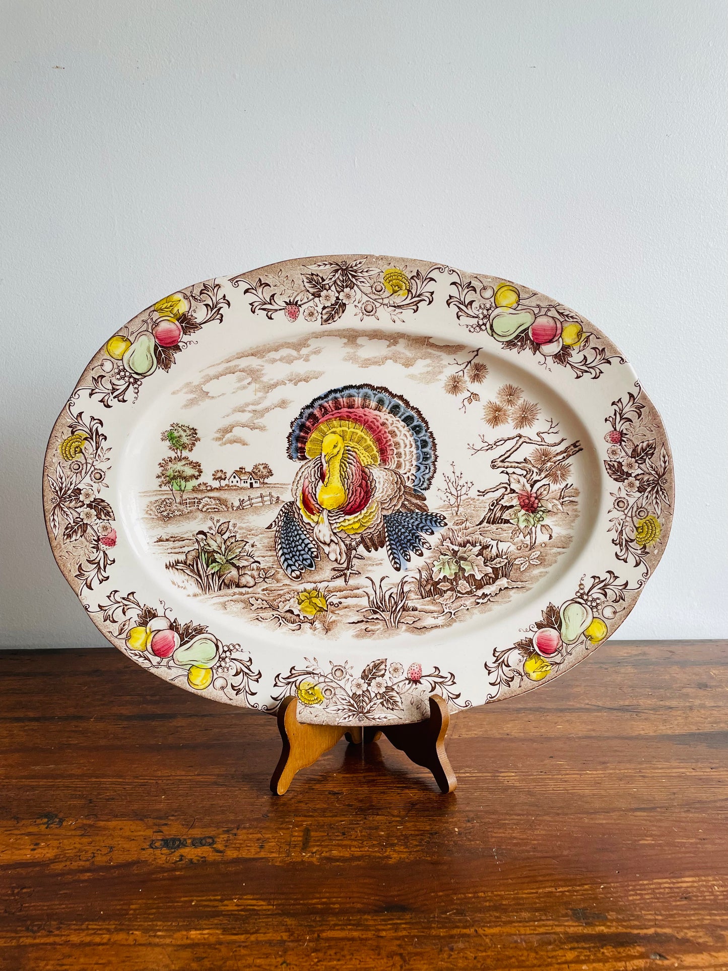 Large Oval Brown Transferware Thanksgiving Serving Platter with Turkey Design - Made in Japan