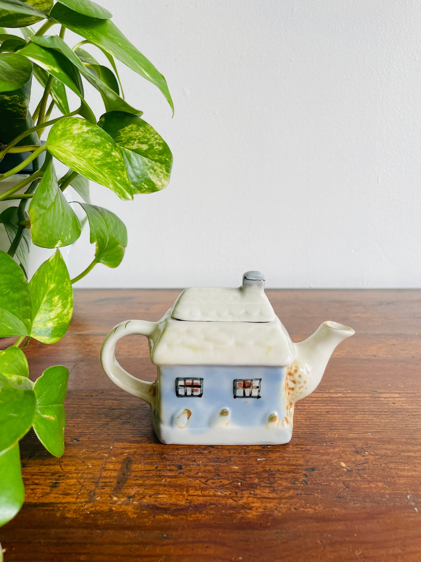 Miniature & Adorable Teapot - Country Cottage with Blue & Black Windows & Door