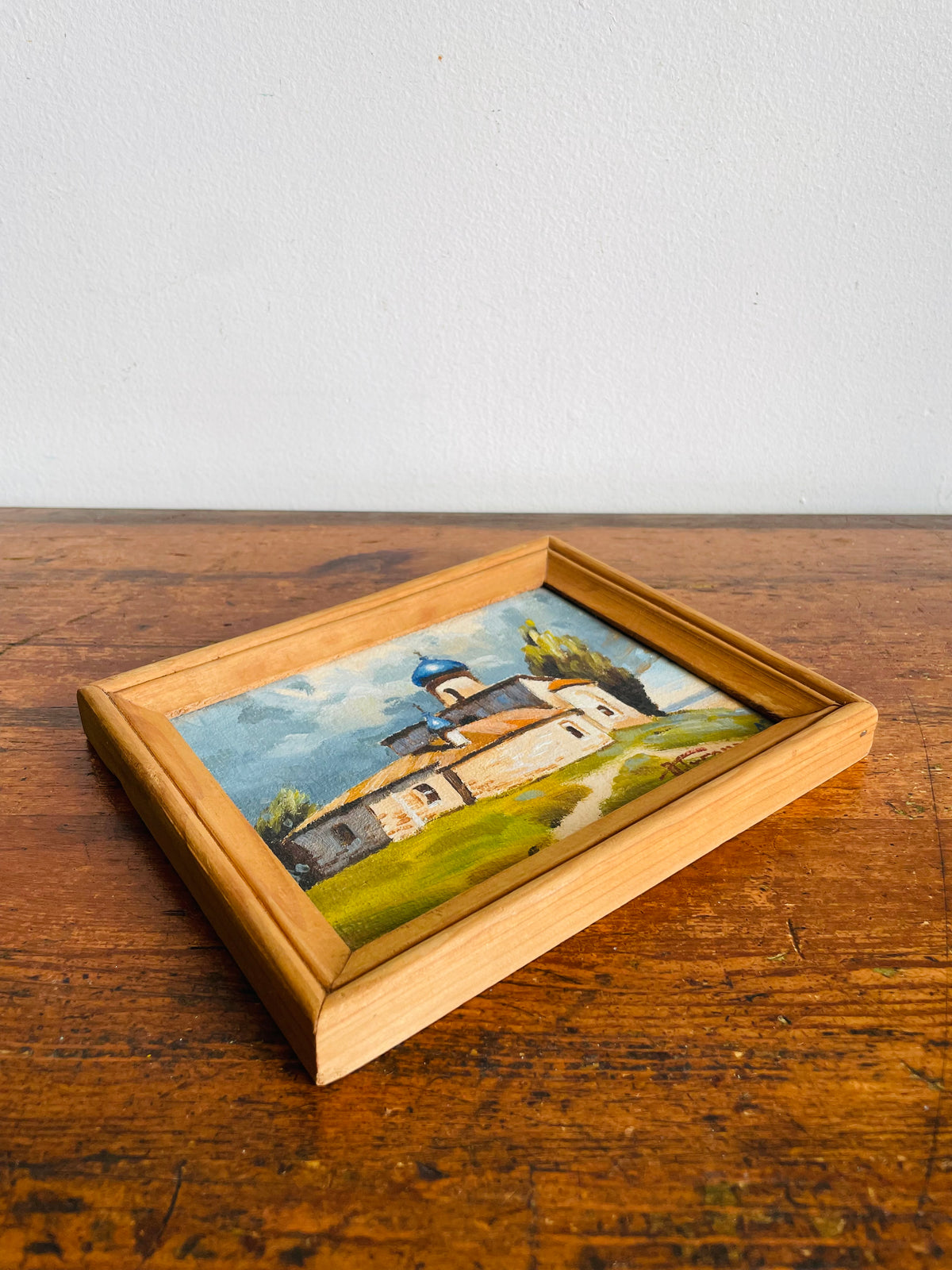 Vintage Original Art Painting Picture of Eastern European Church Landscape & Sky Scene