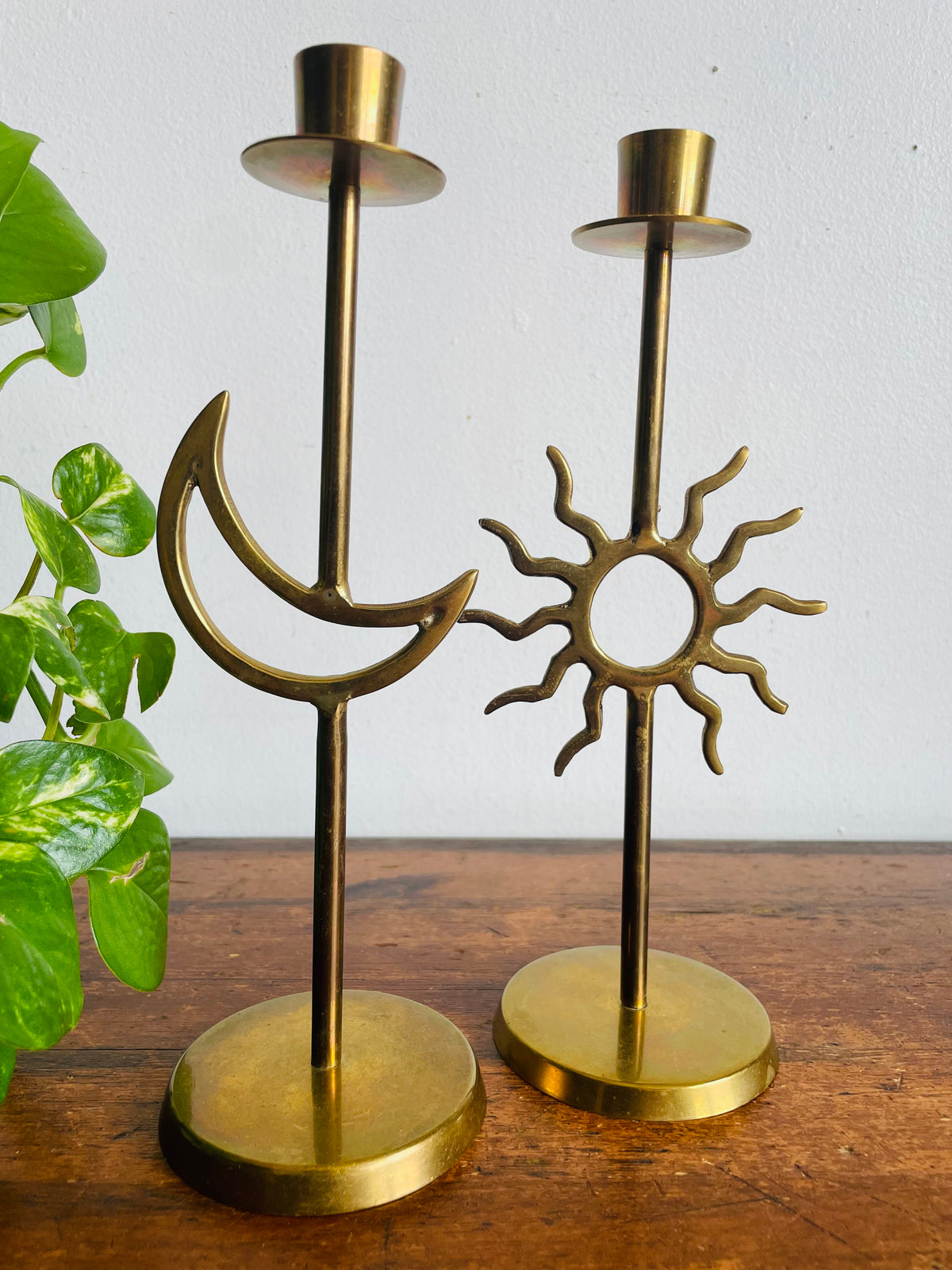 Vintage 90s Tall Brass Celestial Taper Candle Holders - Sun & Crescent Moon - Whimsigoth Decor - Set of 2
