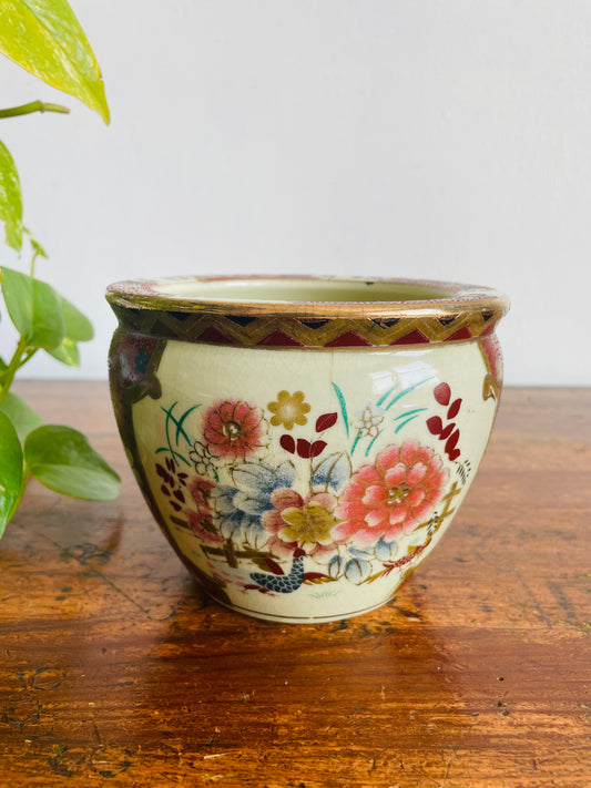 Vintage New England Pottery Ming Dynasty Fishbowl Planter Pot - Burgundy, Gold & Blue Muted Floral with Bird Design