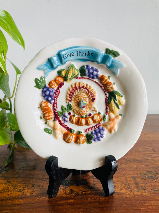 Vintage Give Thanks Ceramic Decorative Plate - Thanksgiving Turkey, Pumpkins & Harvest