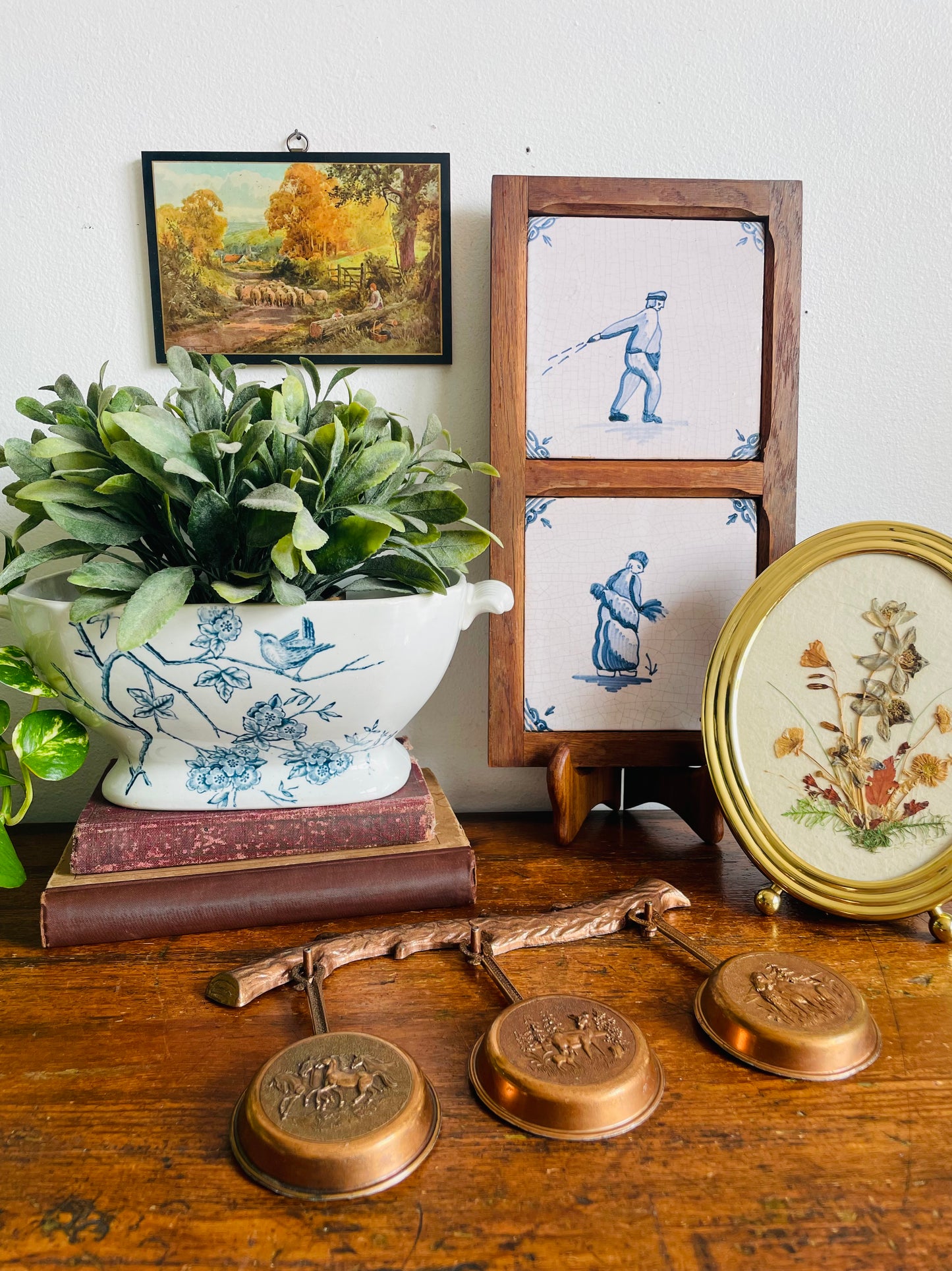 Antique Faiança Fina / Fine Earthenware Fábrica d'Alcântara Lisbon Portugal Tureen Planter Pot Bowl with Blue Bird & Flower Transferware Design & Handles