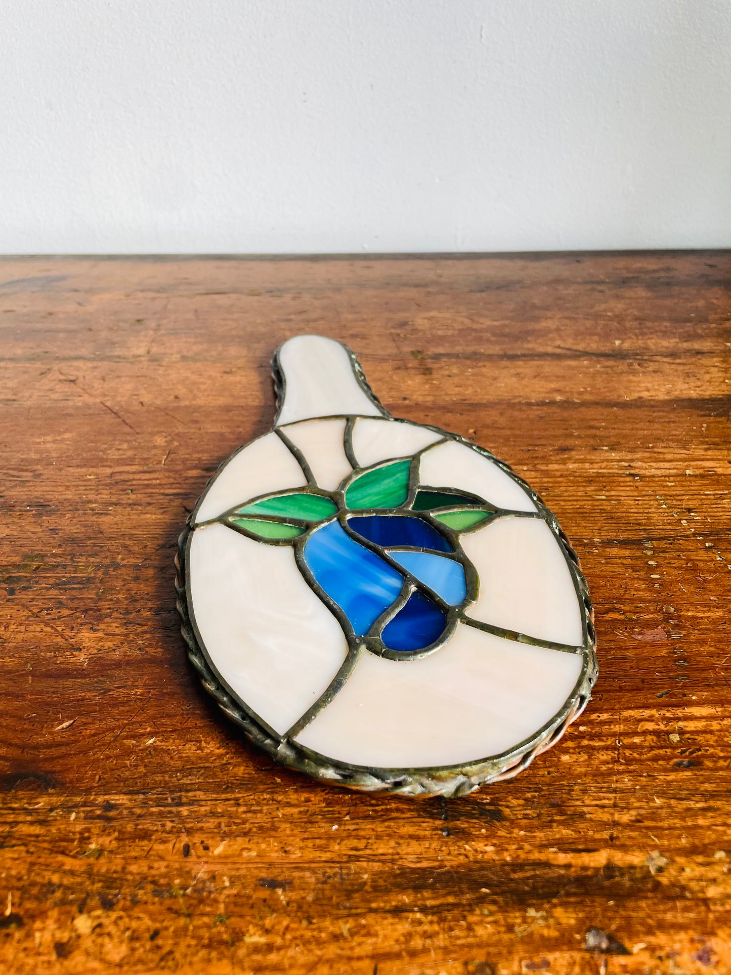 Vintage Stained Glass Handheld Mirror with Blue Rose Flower Design