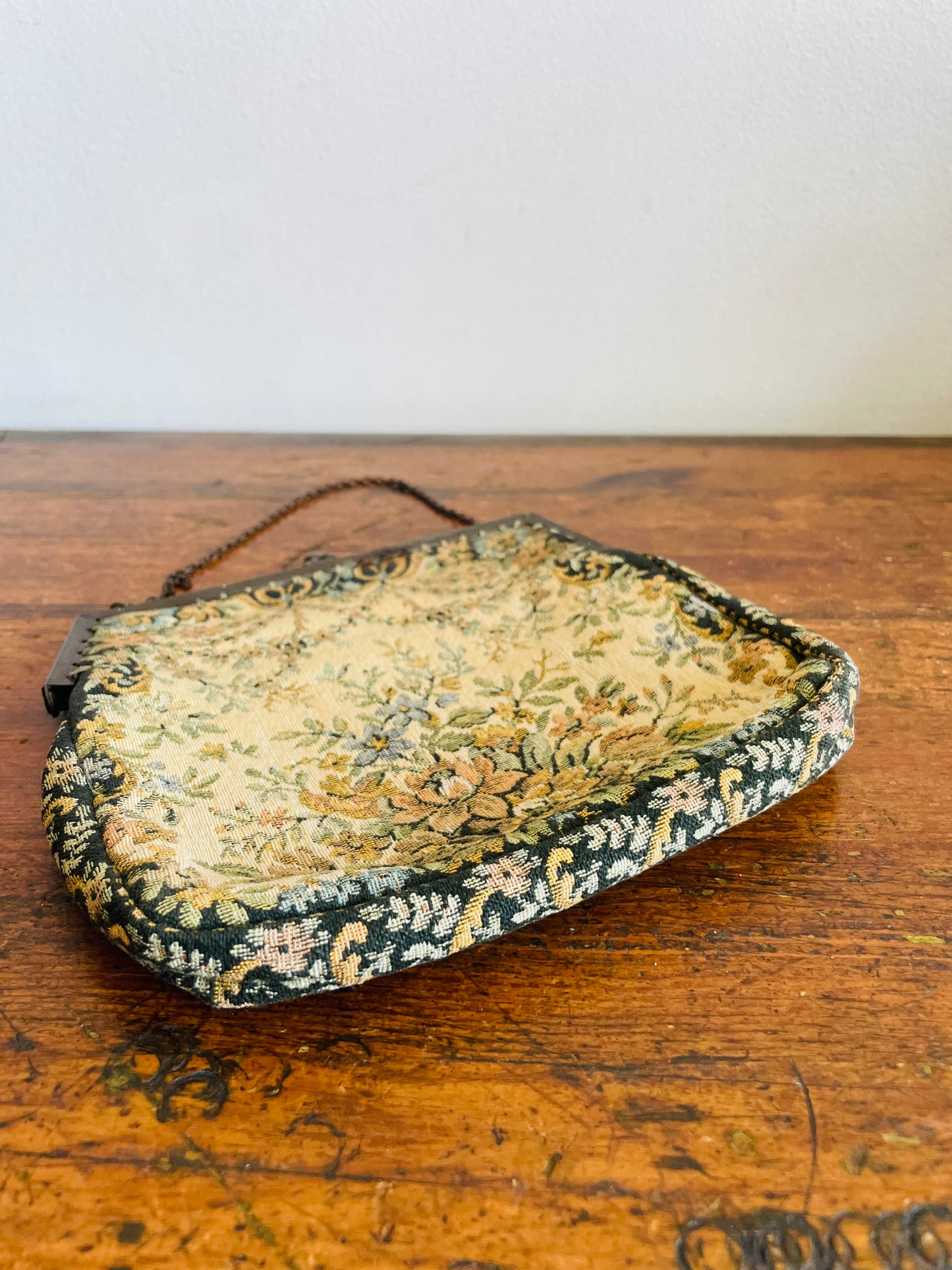 Antique French Floral Tapestry Clutch Purse on Chain - Made in France