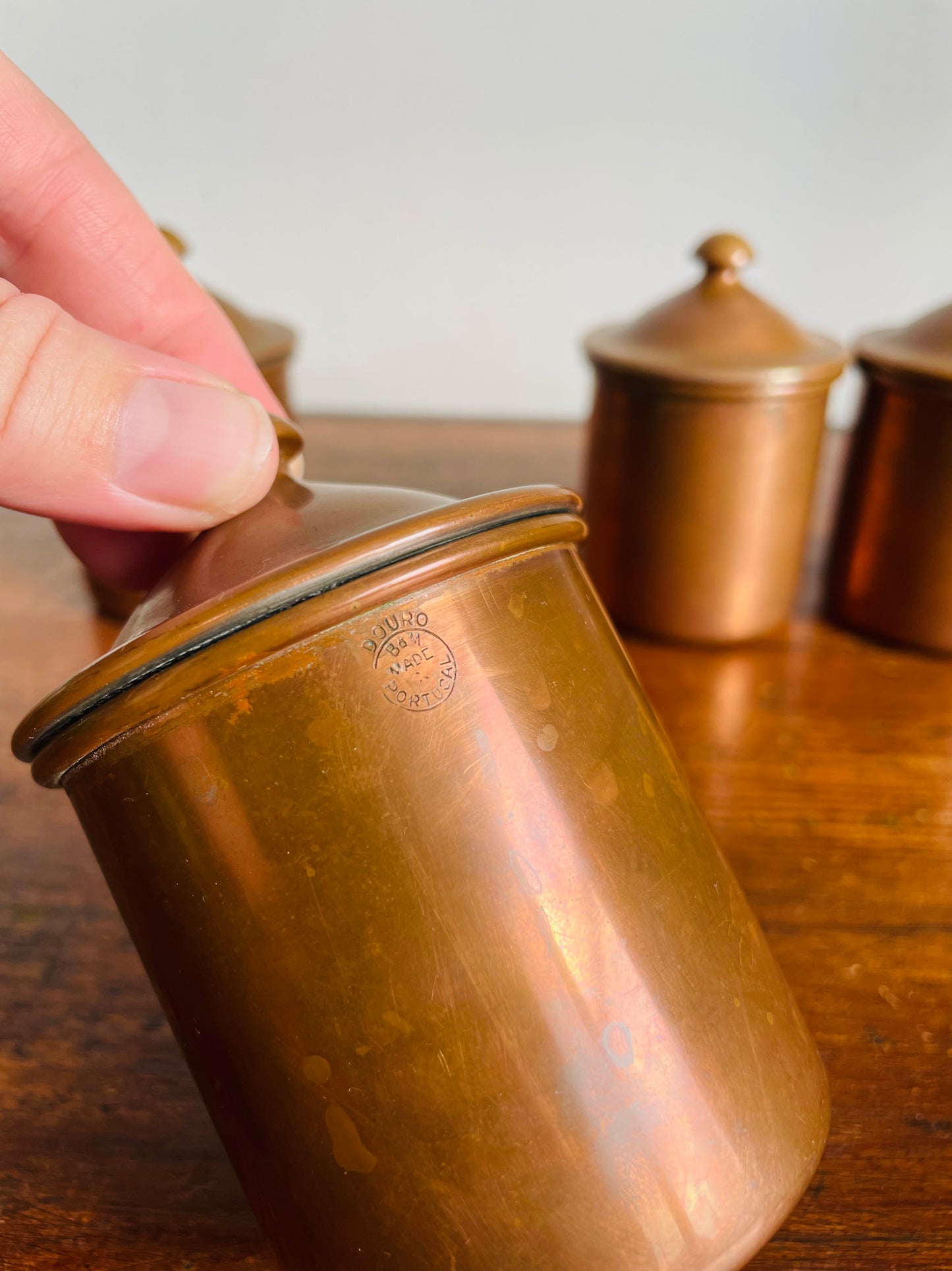 Vintage Collection of Douro B & M Mini Copper Canister Jars with Knob Handle Lids - Set of 4 - Made in Portugal