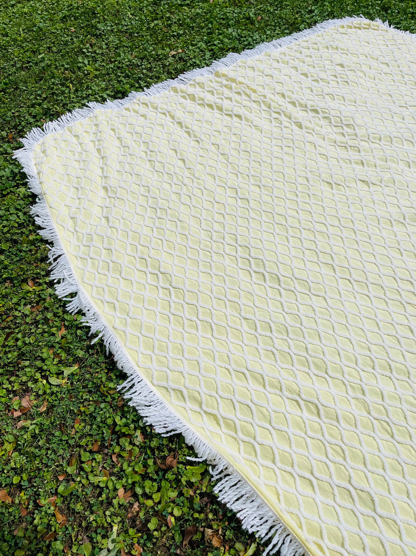 Yellow & White Chenille Bedspread Blanket with Fringe - Made in Canada