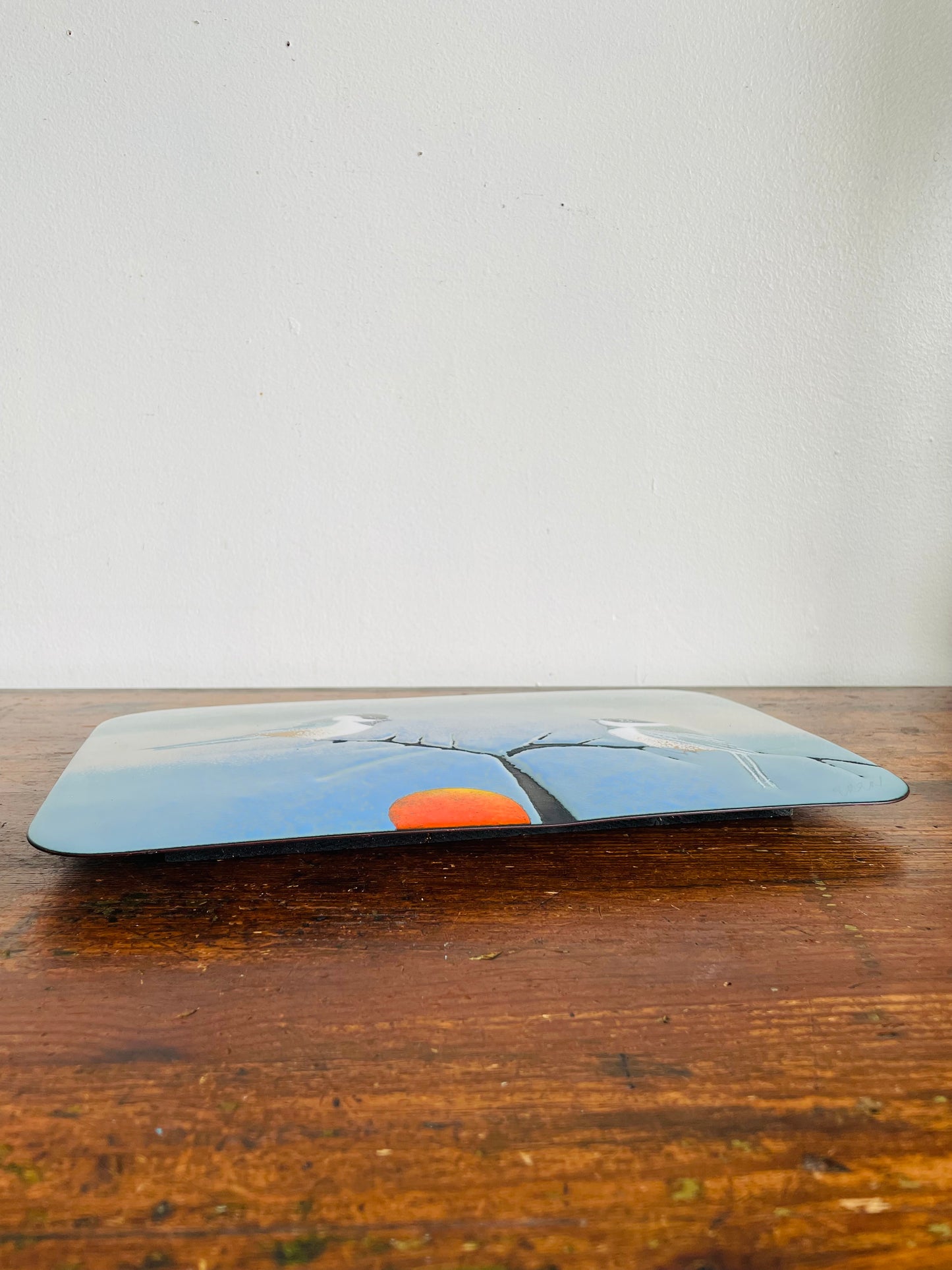 Vintage Hand Enamel on Copper Wall Plaque Picture - Signed by Canadian Artist B. E. Eren - Black-Capped Chickadee Birds on Branch with Sun - Made in Canada