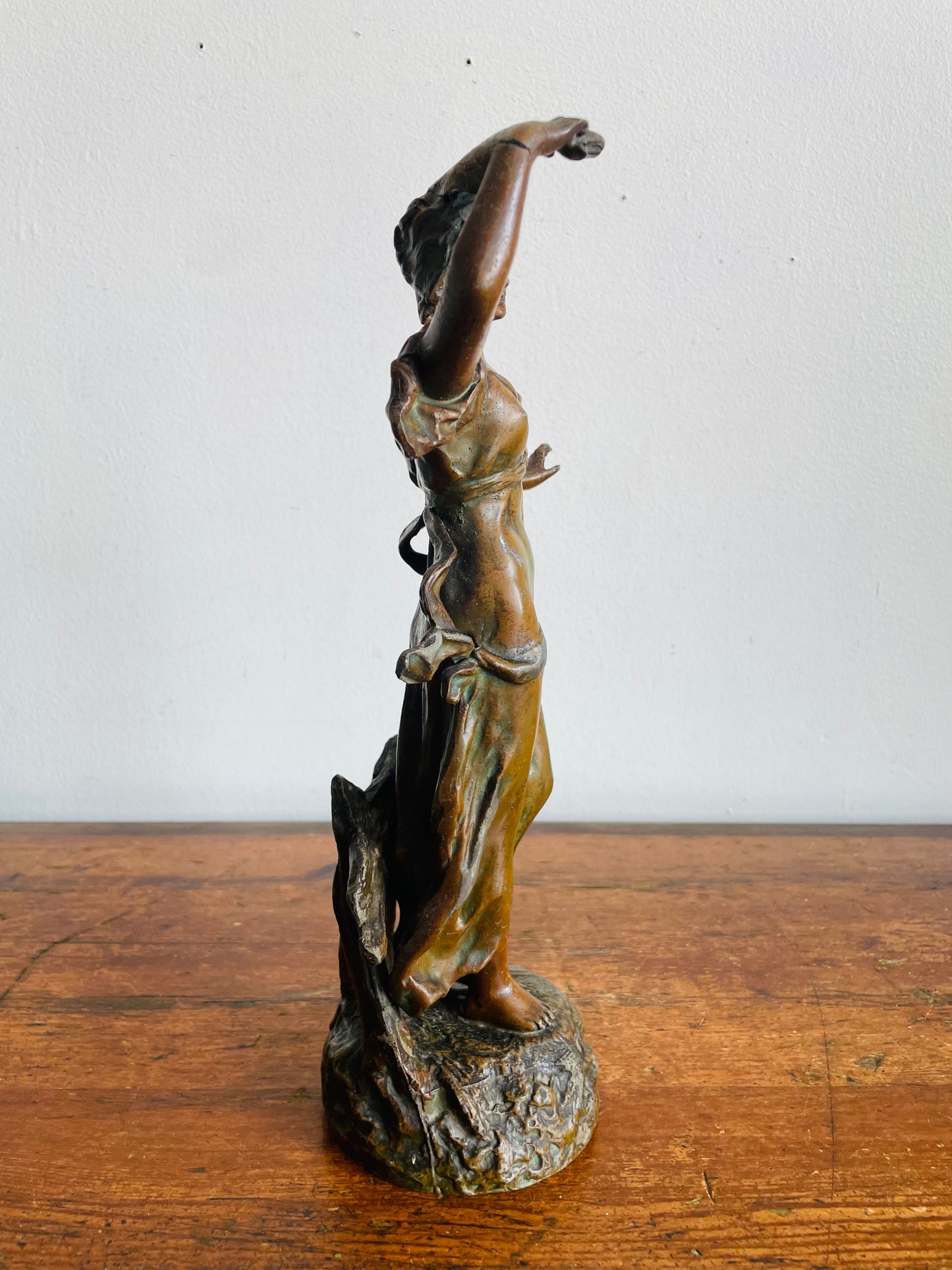 Vintage Art Nouveau Spelter Zinc Sculpture Statue with Bronze Patina - Playful Woman in Dress Frolicking with Leaf - Auguste Moreau Style - Please Read Note