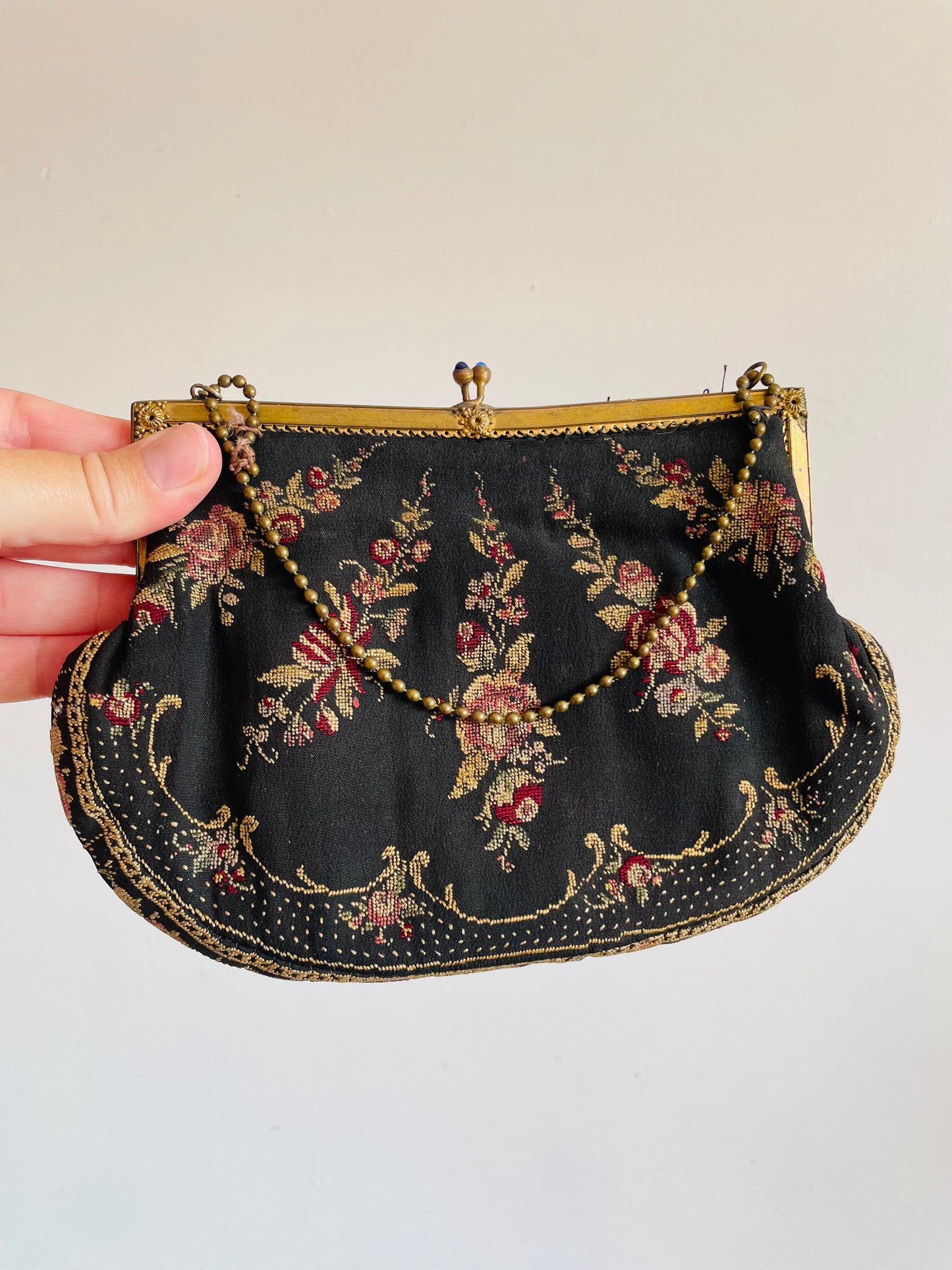 Delicate 1920s Black Evening Bag Purse on Brass Chain with Floral Petit Point Embroidery - Has Attached Coin Purse Inside