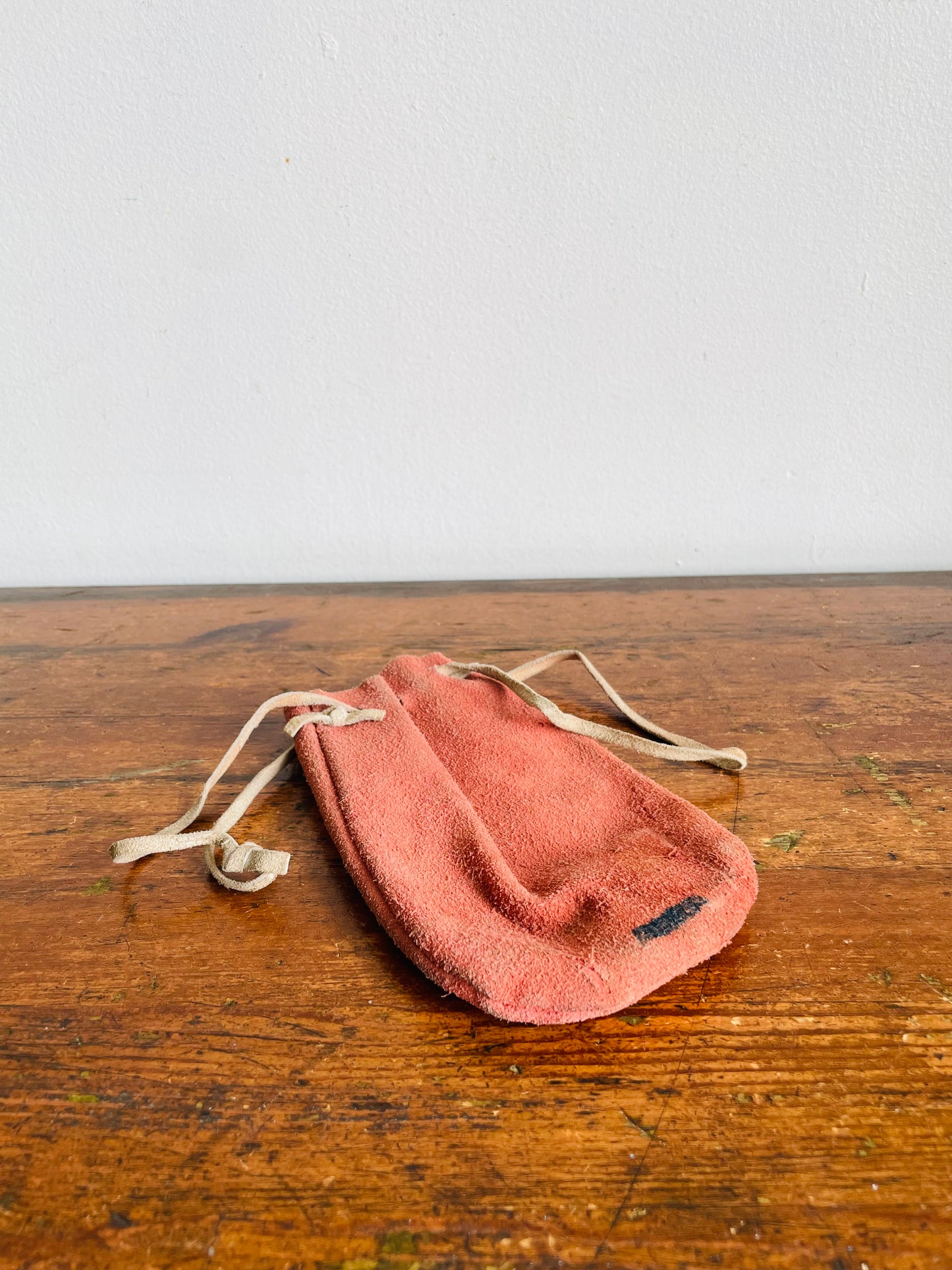 Vintage Faded Red Leather Drawstring Pouch Bag for Marbles