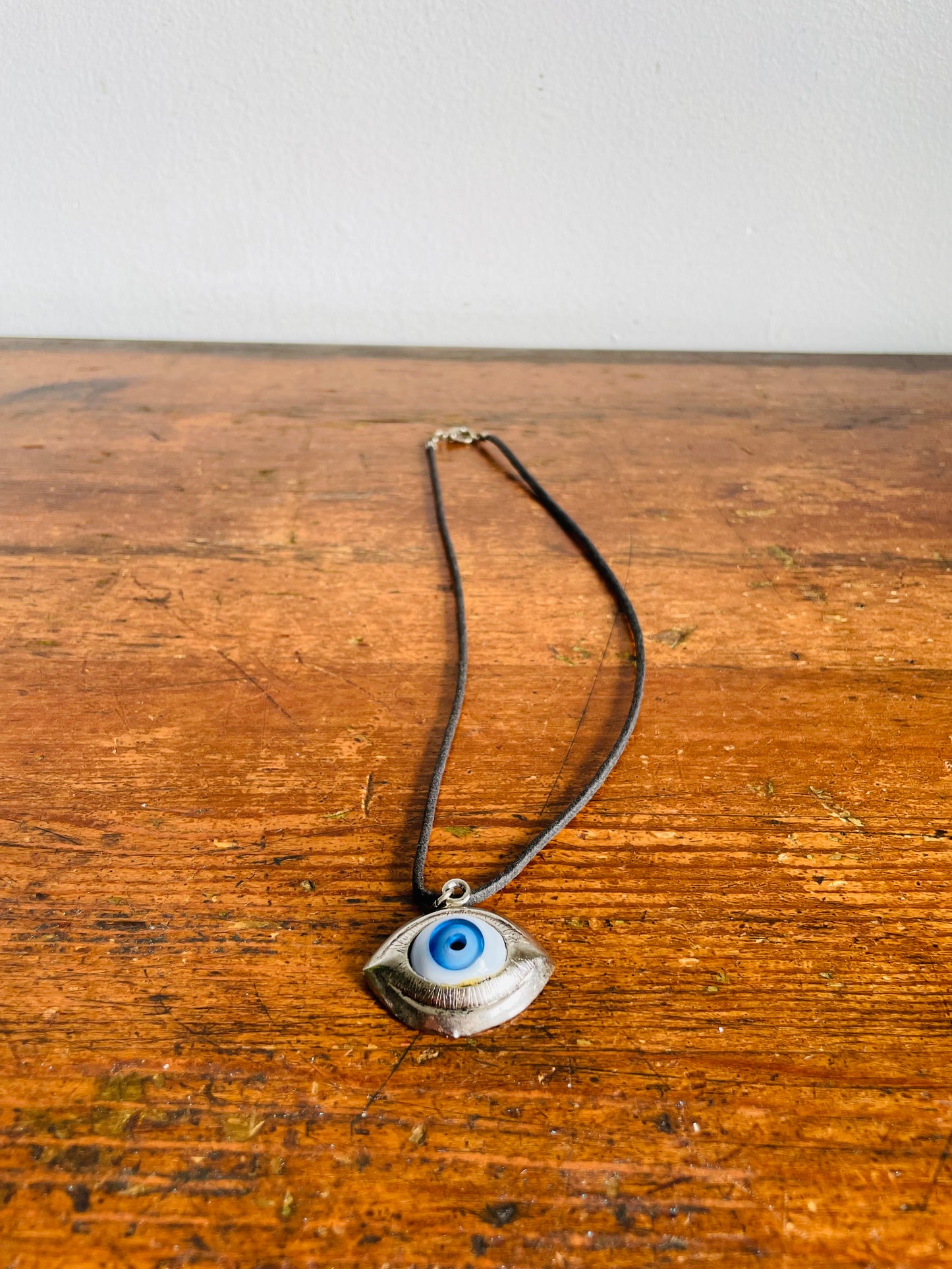 Vintage Silver & Glass Blue Eyeball Pendant Necklace on Black Cord with Clasp - Short / Choker Style Length - Witchy Gothic Halloween Aesthetic