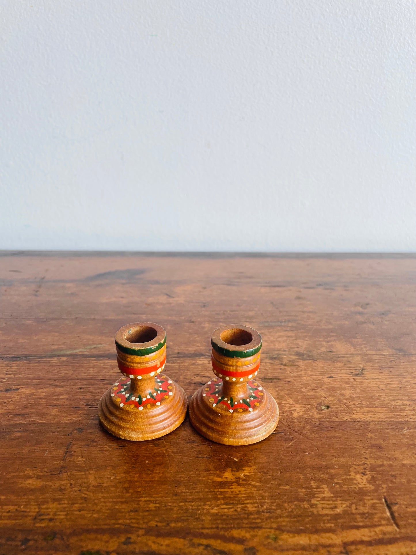 Miniature Hand Painted Wood Candlestick Holders with Folk Art Design - Set of 2