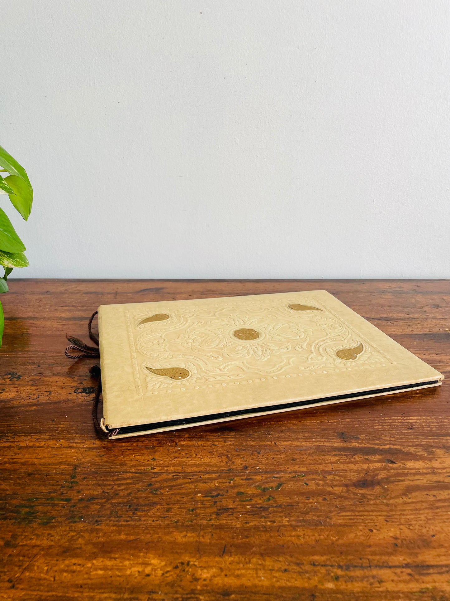 Antique Photo Album or Scrapbook - Cream with Gold Flowers & Filigree - Black Pages - Empty