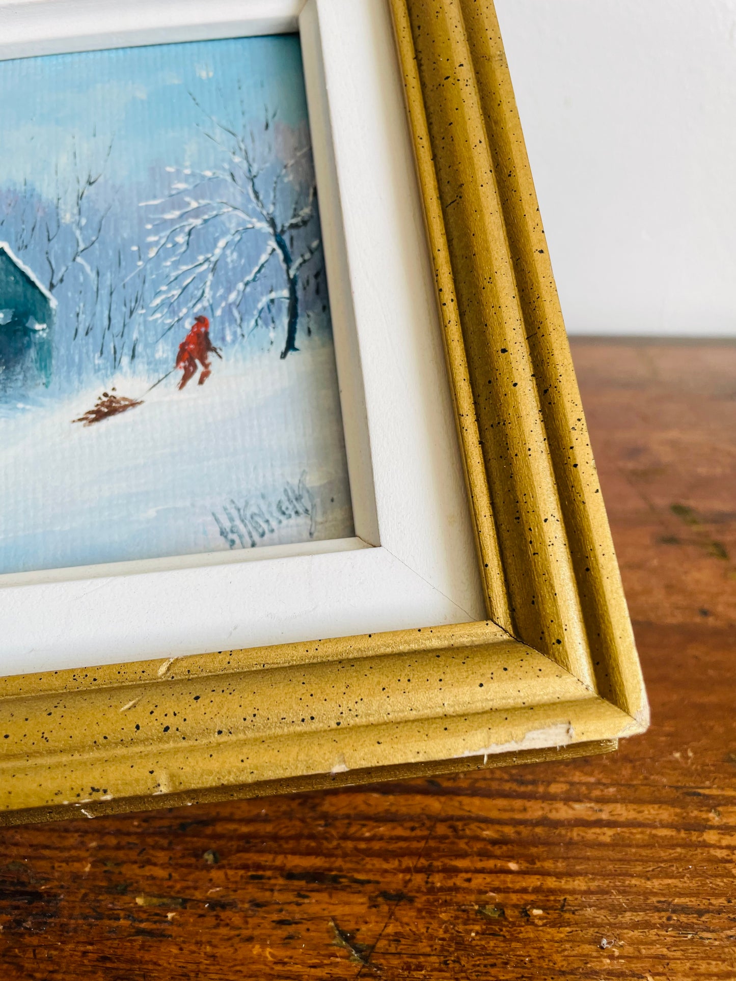 Vintage 1984 Original Art Painting of Child Pulling Sled with Chopped Wood Through Snow - "Painted by Harold Knight in my 89th Year"