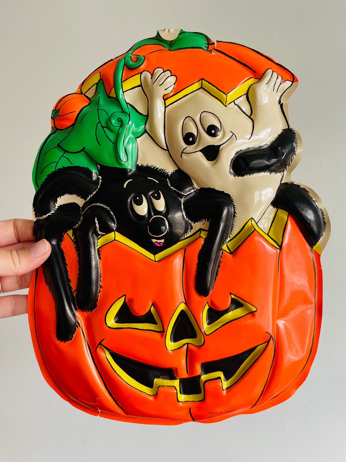 Plastic Halloween Cutout - Ghost & Spider in a Pumpkin - Made in Taiwan