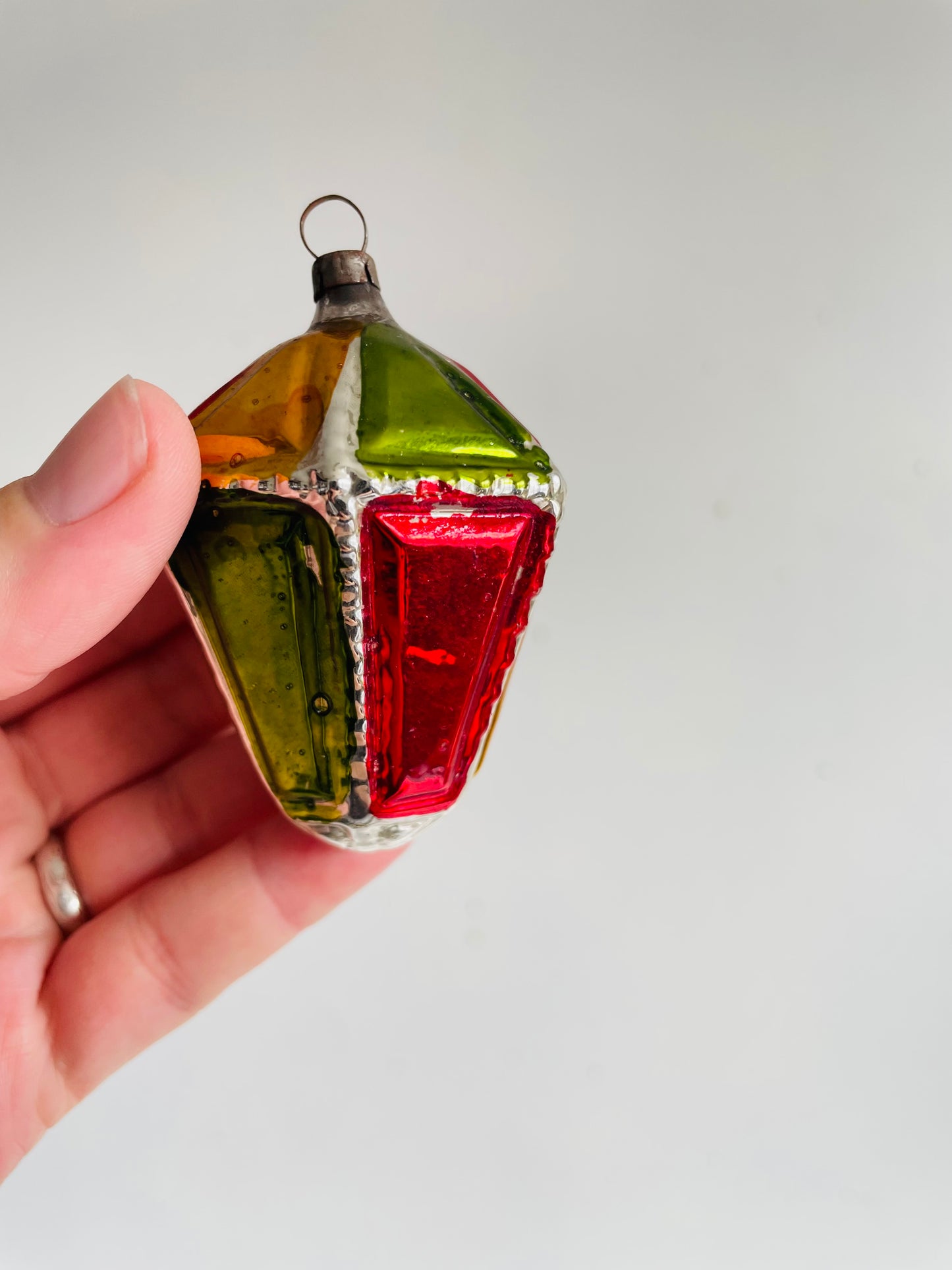 Vintage Collection of Mixed Glass & Indent Ornaments & Silver Tinsel in Divided Box #2 - Set of 10