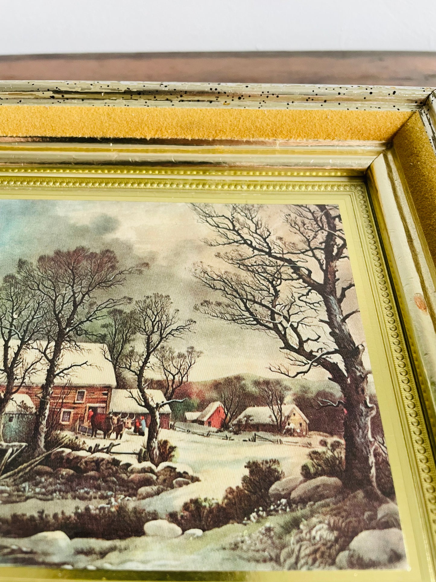 Framed Print of Snowy Farmhouse Scene with Horse Drawn Sleigh Over Bridge