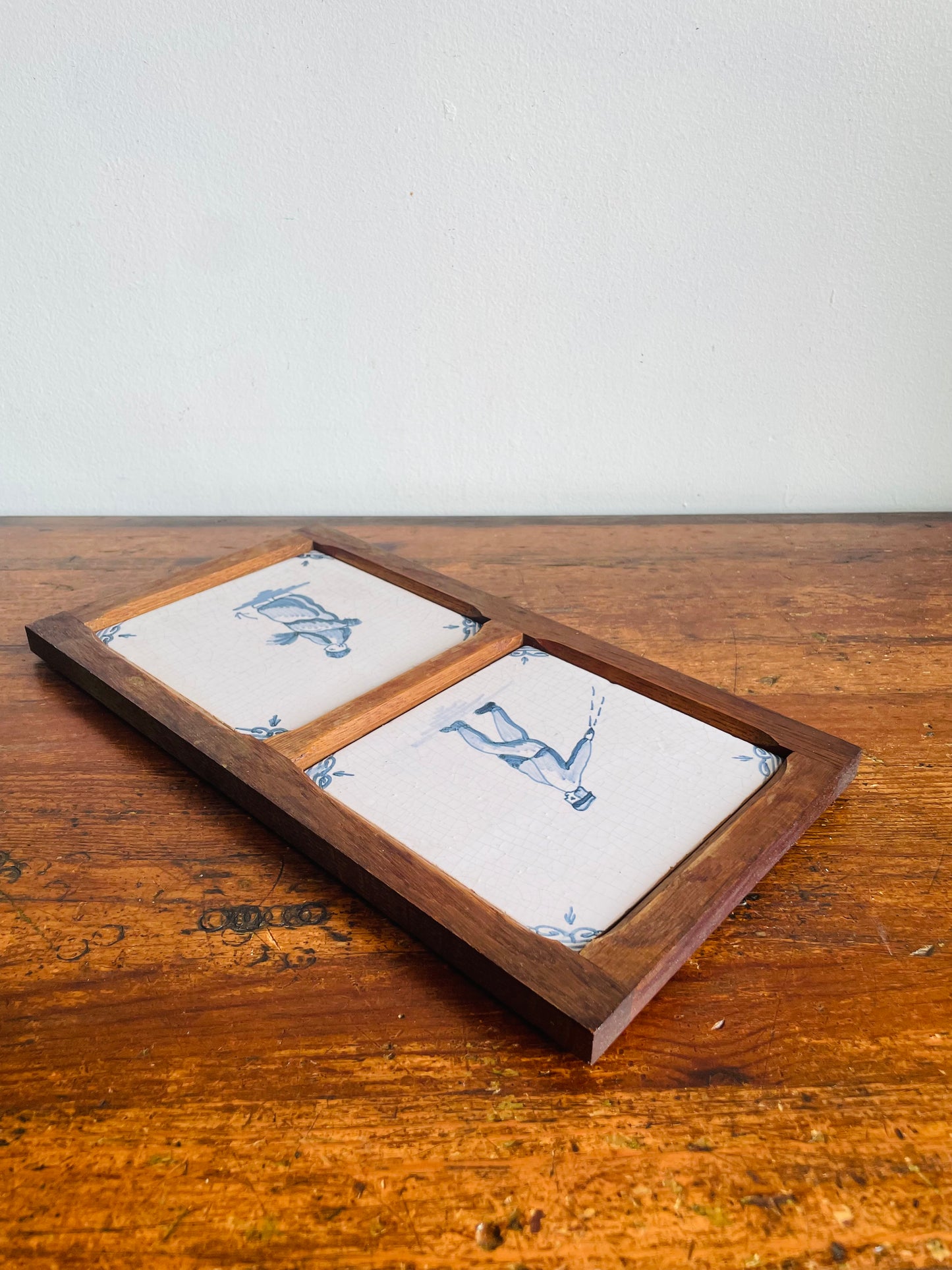 Vintage Framed in Wood Dutch Tiles with Blue & White Farming / Farmer Scenes