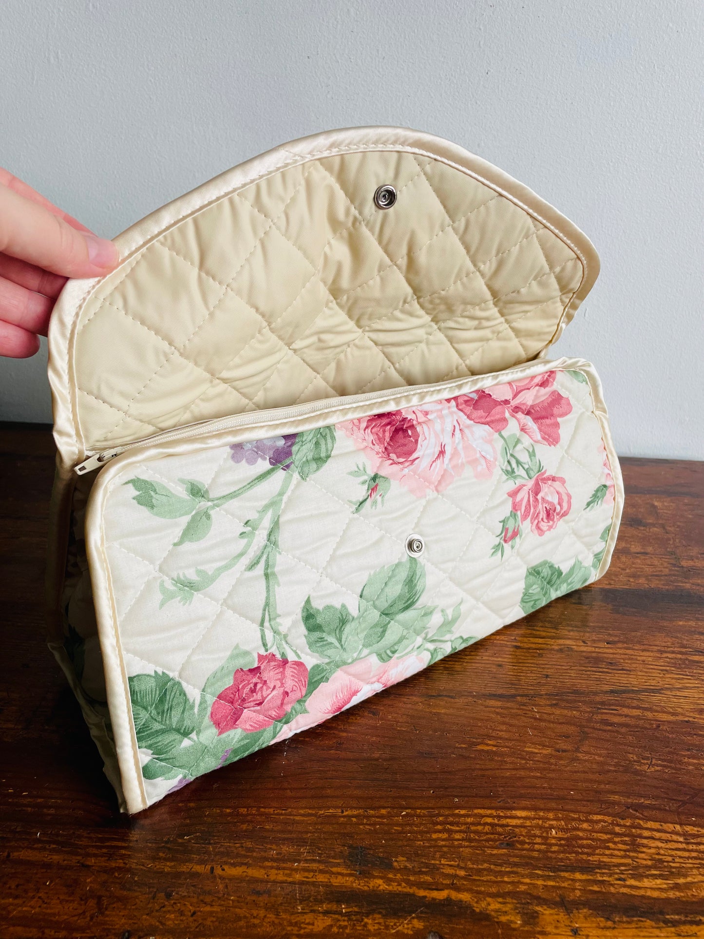 Quilted Floral Fabric Toiletry Case or Travel Bag with Lined Interior - Zips & Snaps Closed