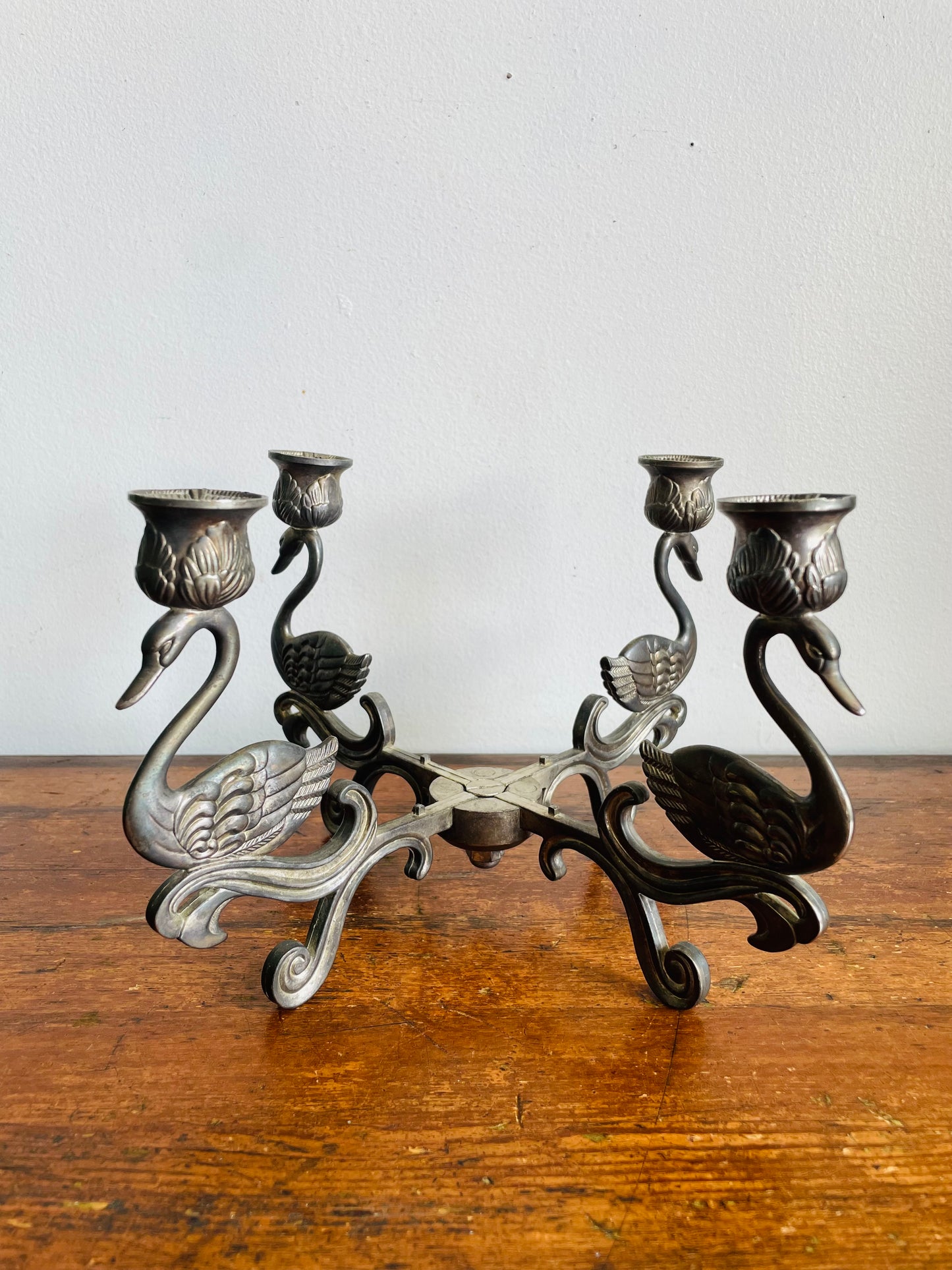 Vintage 1980s Art Deco Style Swimming Swan Birds Silver Plate Candelabra - 4 Point Candle Holder with Centrepiece Bowl Space