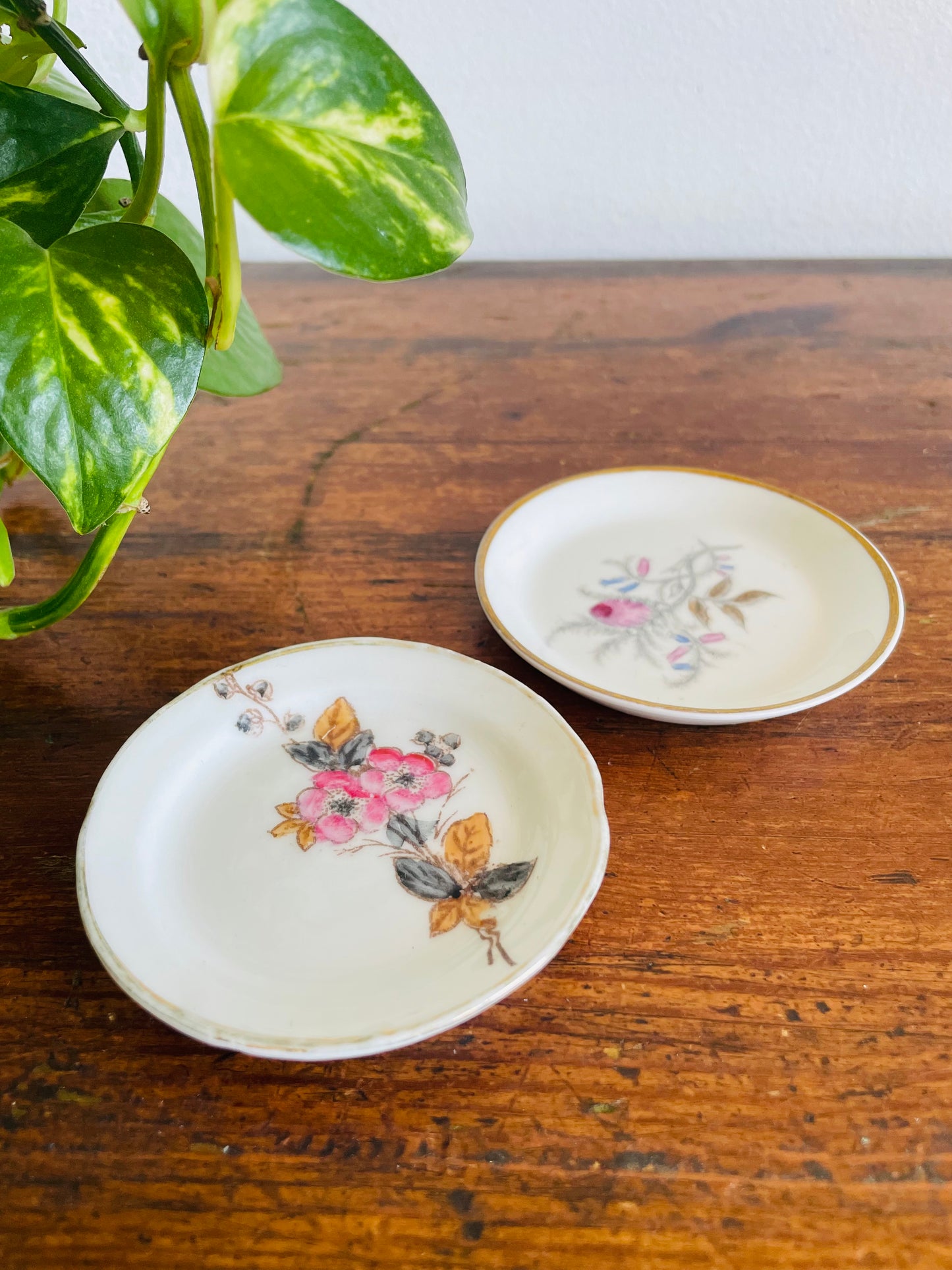 Vintage Miniature White Butter Pat Dishes with Floral Designs - Set of 2