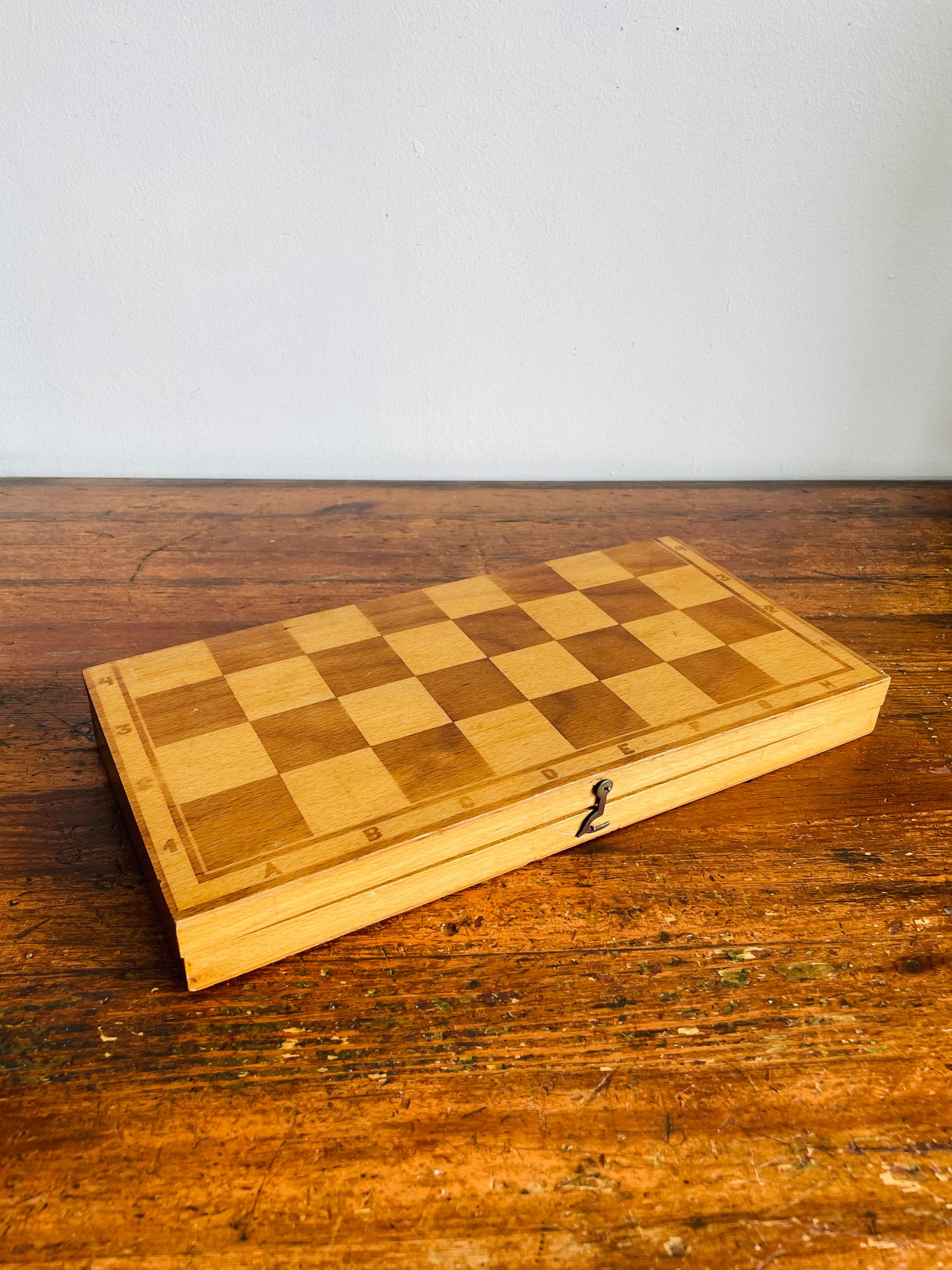 Vintage Hinged Folding Wood Chess Board Travel Case with Felt-Bottomed Wood Playing Pieces - Made in Poland