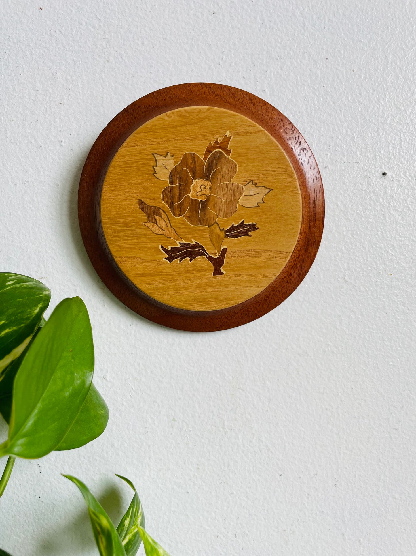 Vintage Handmade Round Wood Marquetry Wall Art Picture with Inlaid Flower Design - Woodcraft by Dave - Made in Canada