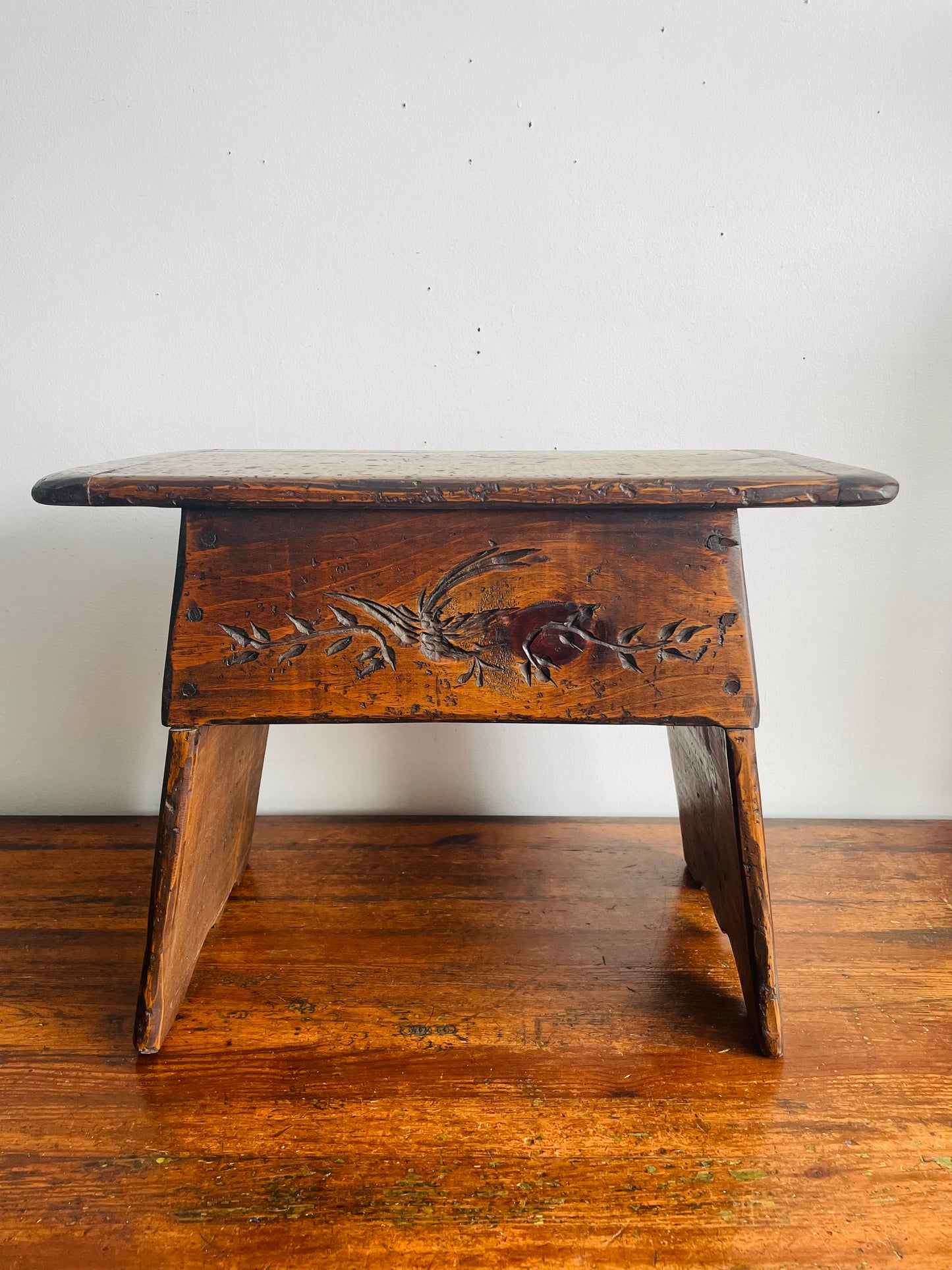 Vintage Wooden Stool Bench or Short Side Table with Carved Bird & Leaf Design - No Shipping