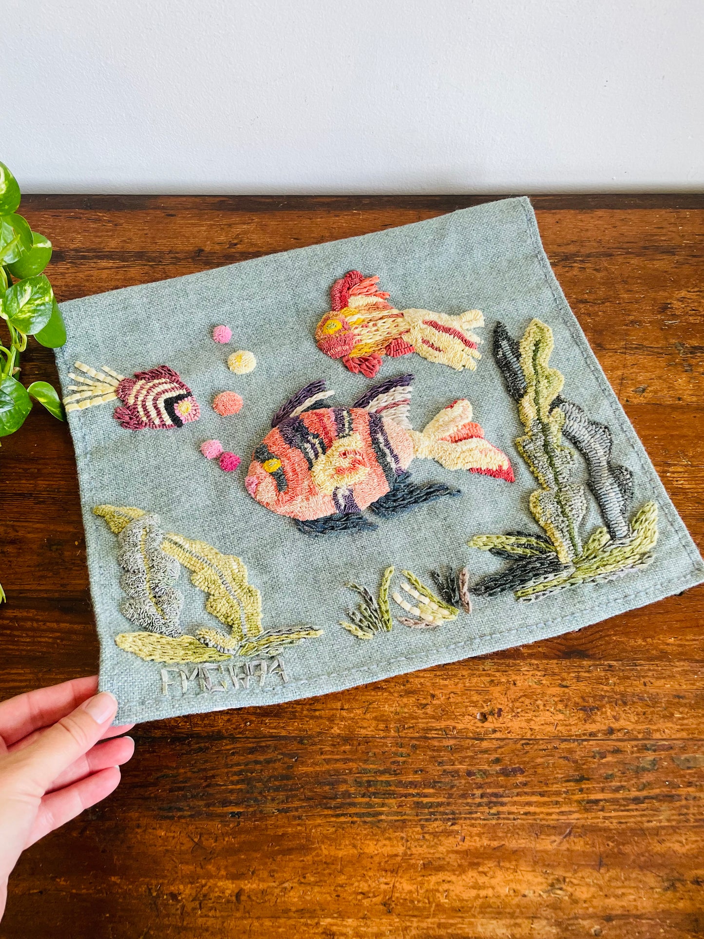 Vintage 1994 Handmade Punch Needle Art Embroidery Wall Tapestry Hanging Picture with Under the Sea Fish & Seaweed Design