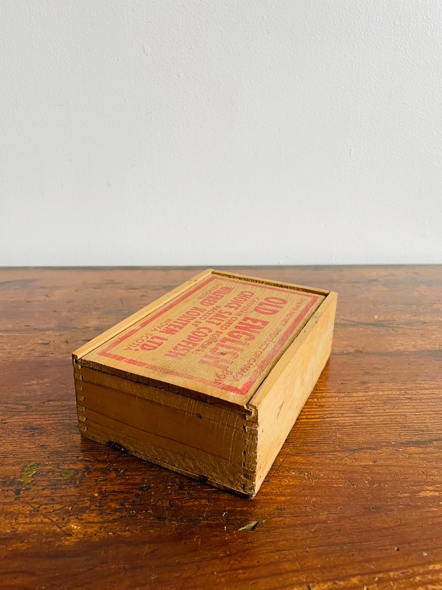 Old English Choice Salt Codfish Wood Box with Sliding Lid - One Pound Net - Packed by Wilfred Koritem Ltd. Yarmouth Nova Scotia