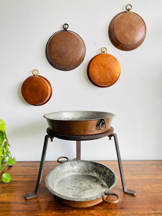Vintage / Possibly Antique Iron Cauldron Stand & Copper Pot Cooking Set - Hearth & Open Fire Cooking - Includes 6 Pans - French Farmhouse Kitchen - For Shipping Please Read Special Instructions