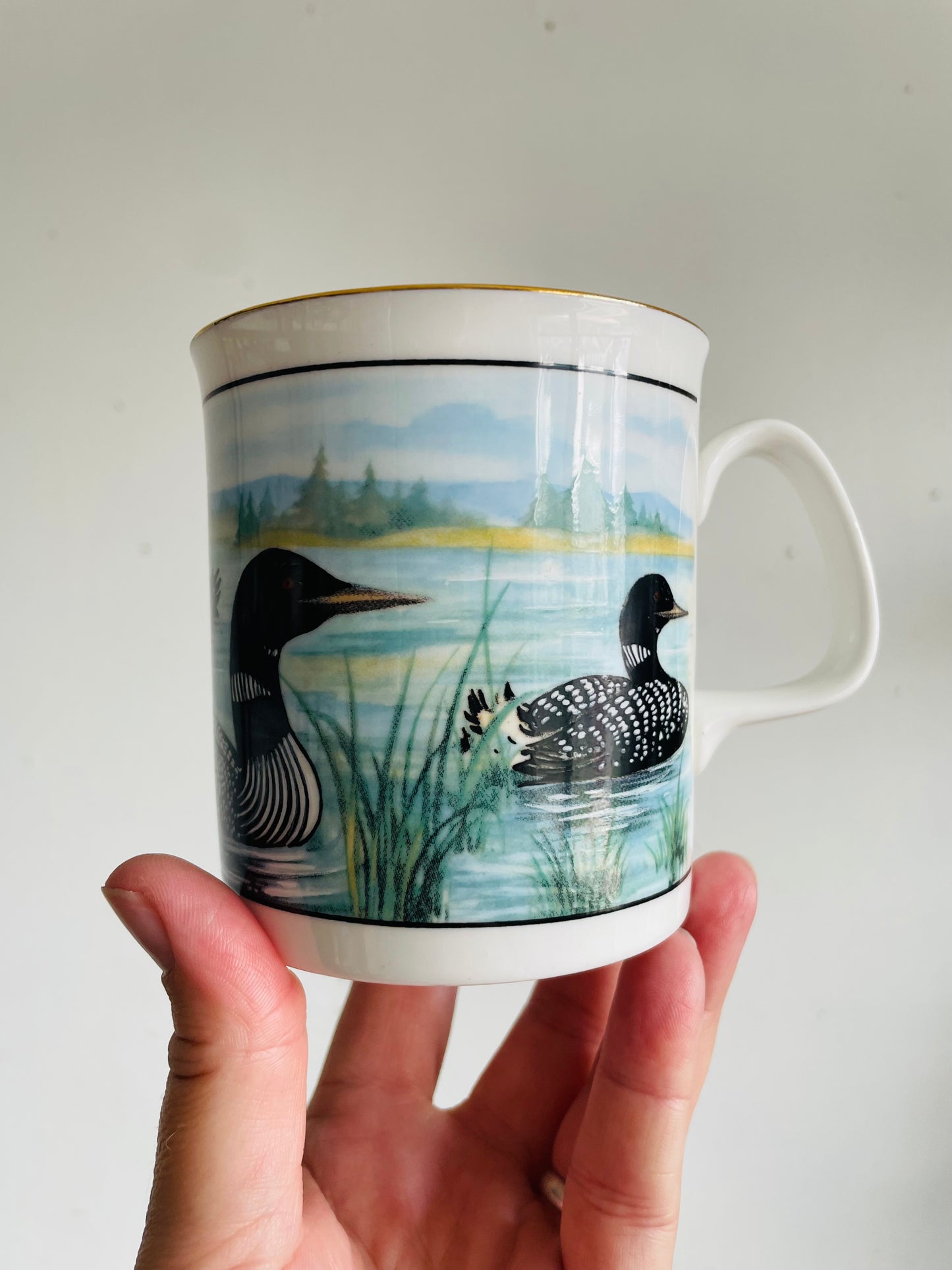 Vintage Mug With Loon Birds on Lake Graphic #1 - Sunrise Fine Bone China - Made in Canada