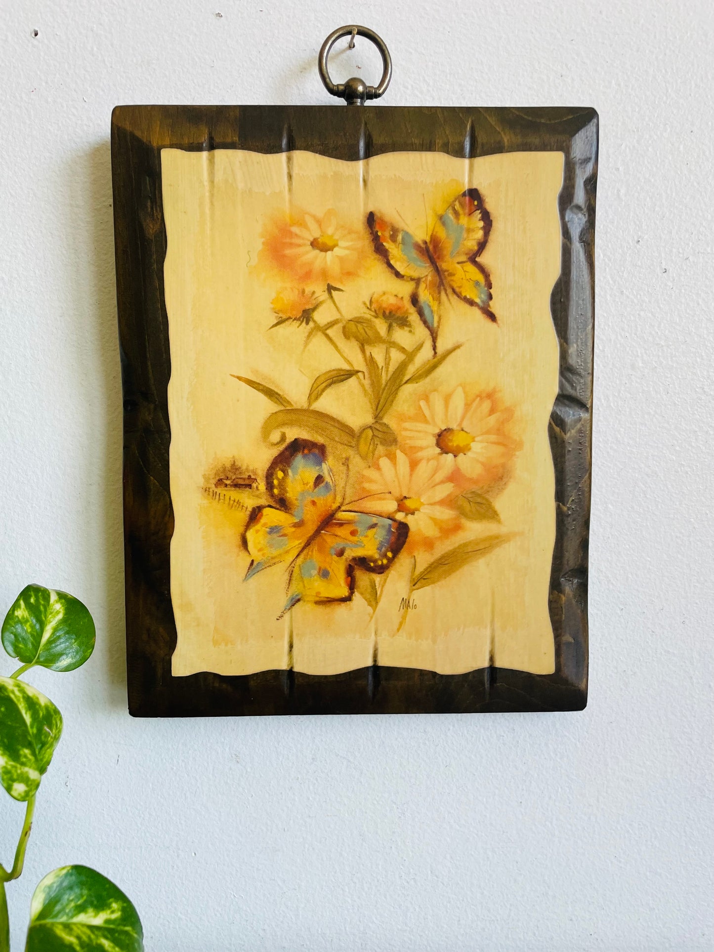 Vintage Wood Plaque Picture with Blue & Yellow Butterflies & Flowers
