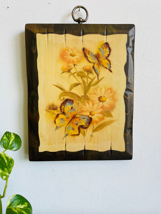 Vintage Wood Plaque Picture with Blue & Yellow Butterflies & Flowers