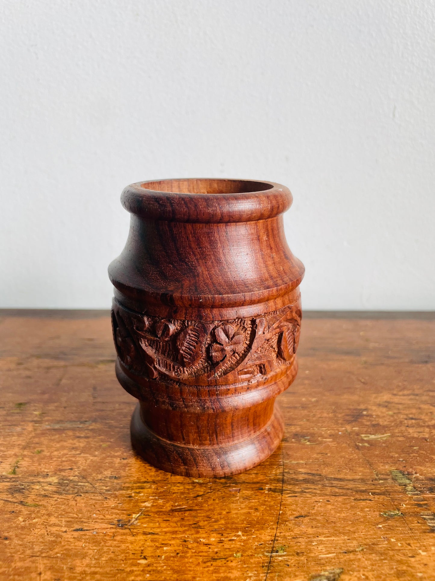 Vintage Carved Indian Rosewood / Sheesham Wood Cup Holder or Bud Vase - Great for Incense, Makeup Brushes, Dried Flowers, Pencils, Etc.