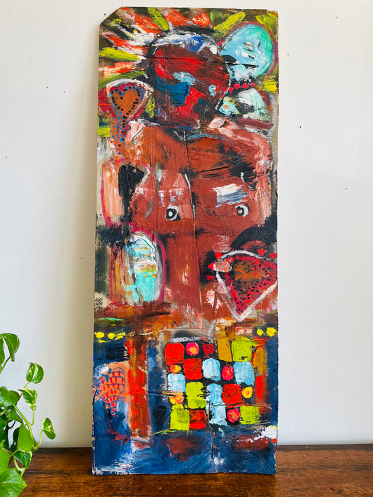 Original Art Abstract Painting on Wood of Nude Woman with Heart & Colourful Background - Purchased from an Artist's Estate in Fort Erie, ON - No Shipping