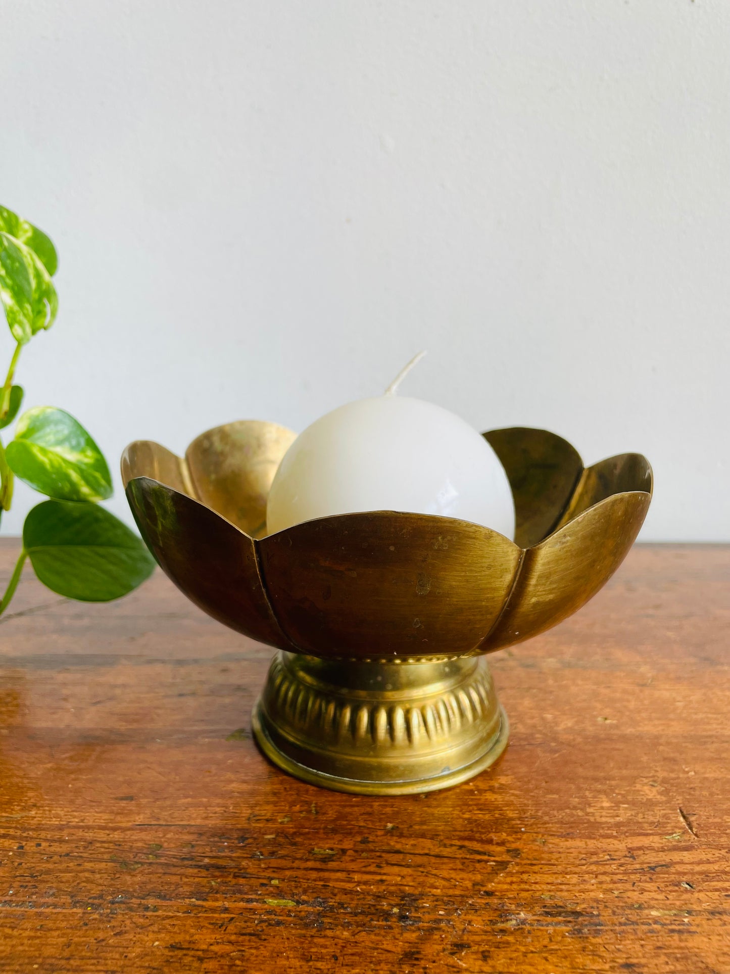 Vintage Brass Pedestal Bowl with Scalloped Rim