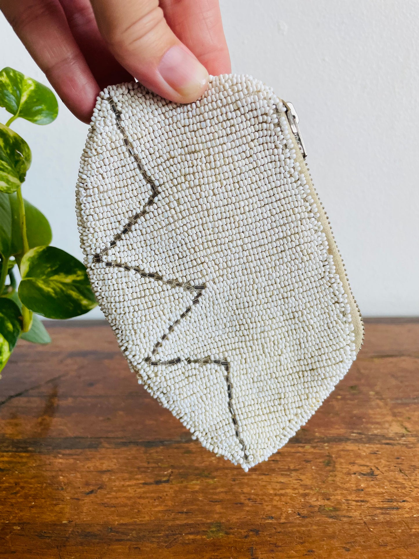 Vintage White & Silver Hand Beaded Zippered Pouch Clutch Wallet with Hand or Belt Hook Holding Strap - French Language Writing on Zipper
