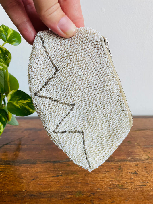 Vintage White & Silver Hand Beaded Zippered Pouch Clutch Wallet with Hand or Belt Hook Holding Strap - French Language Writing on Zipper