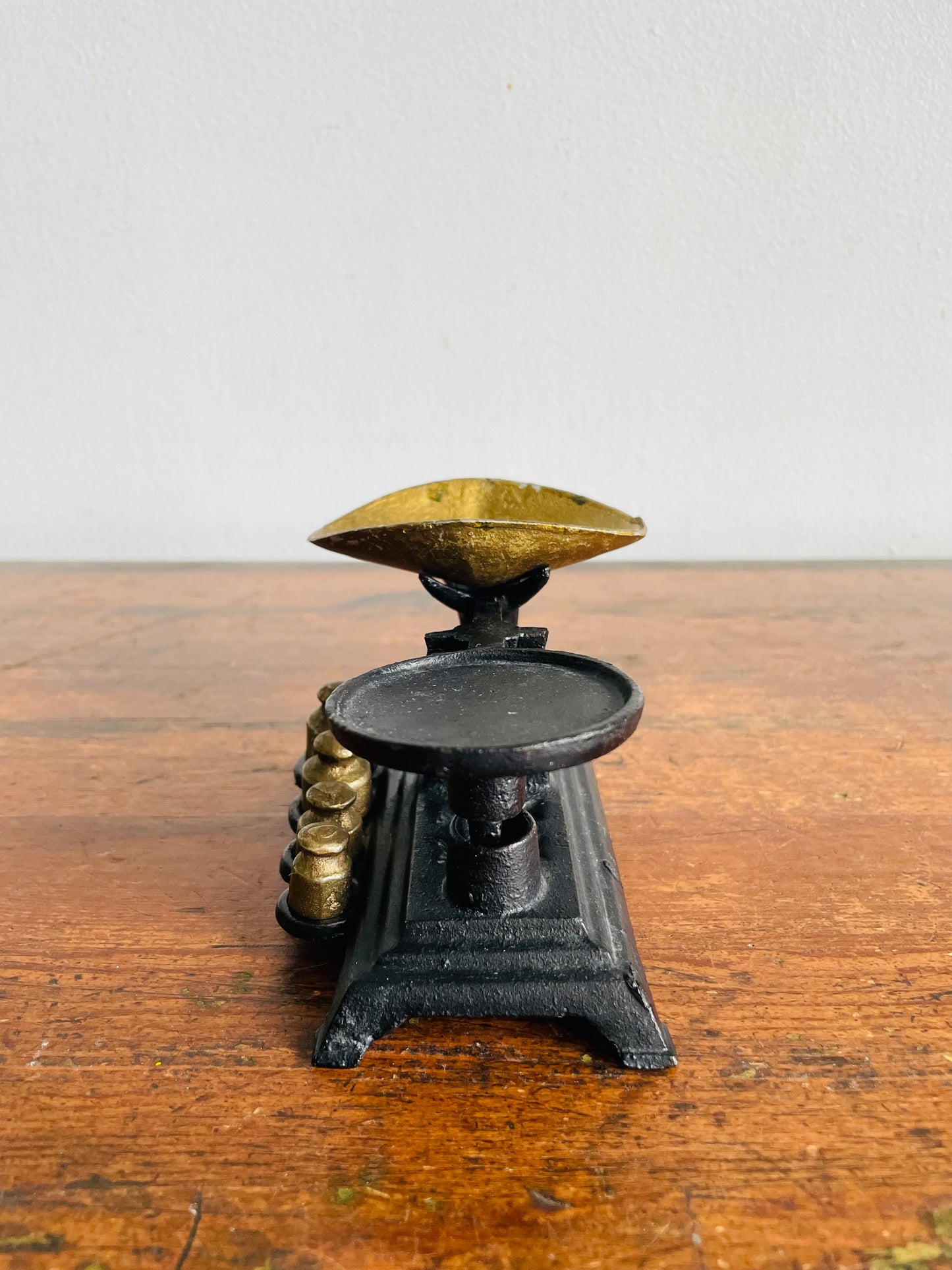 Vintage Solid & Heavy Miniature Cast Iron Balance Scale with Weights