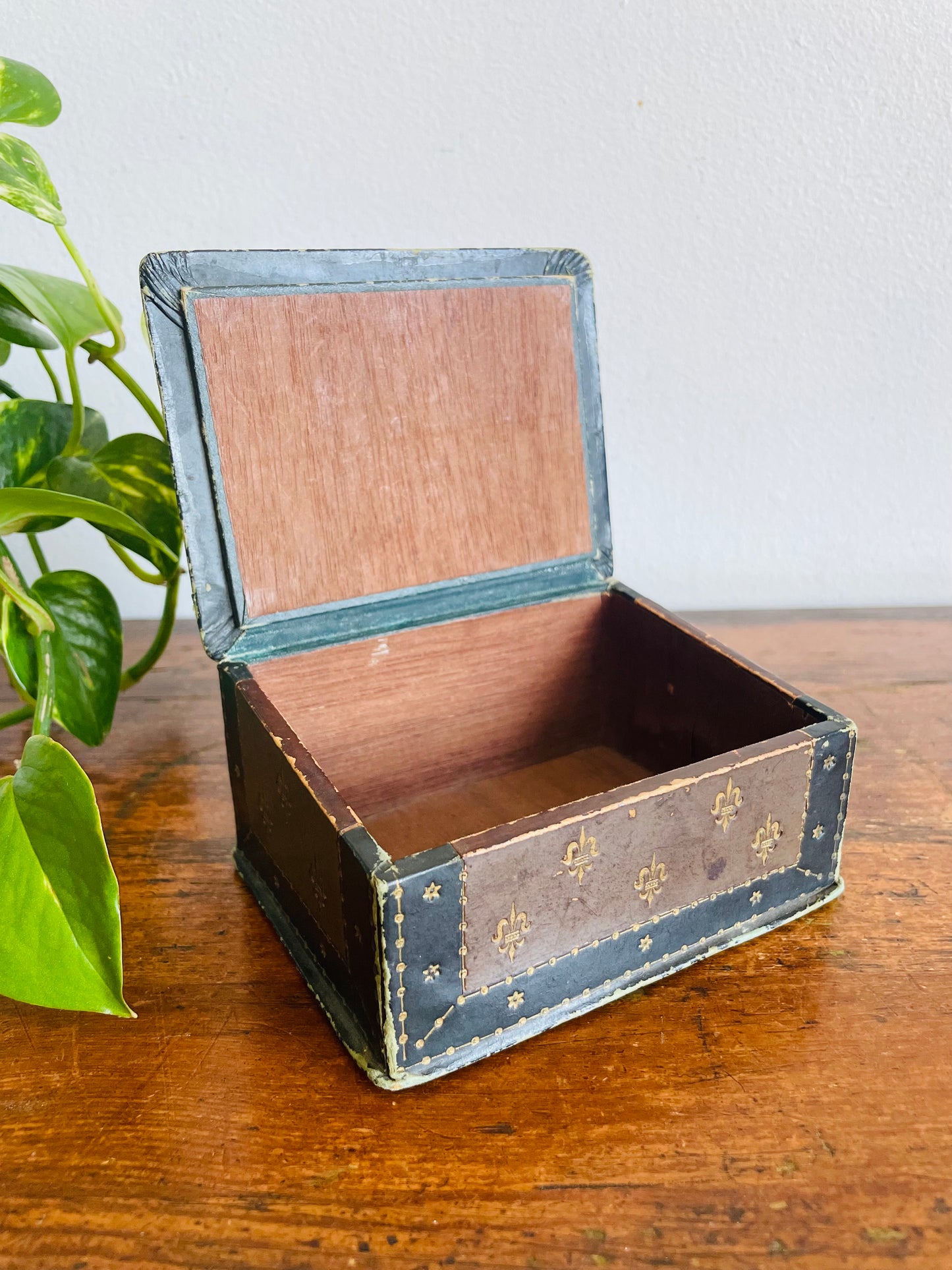 Vintage Black & Brown Italian Tooled Leather Box with Sloped Design & Hinged Lid - Wood Interior