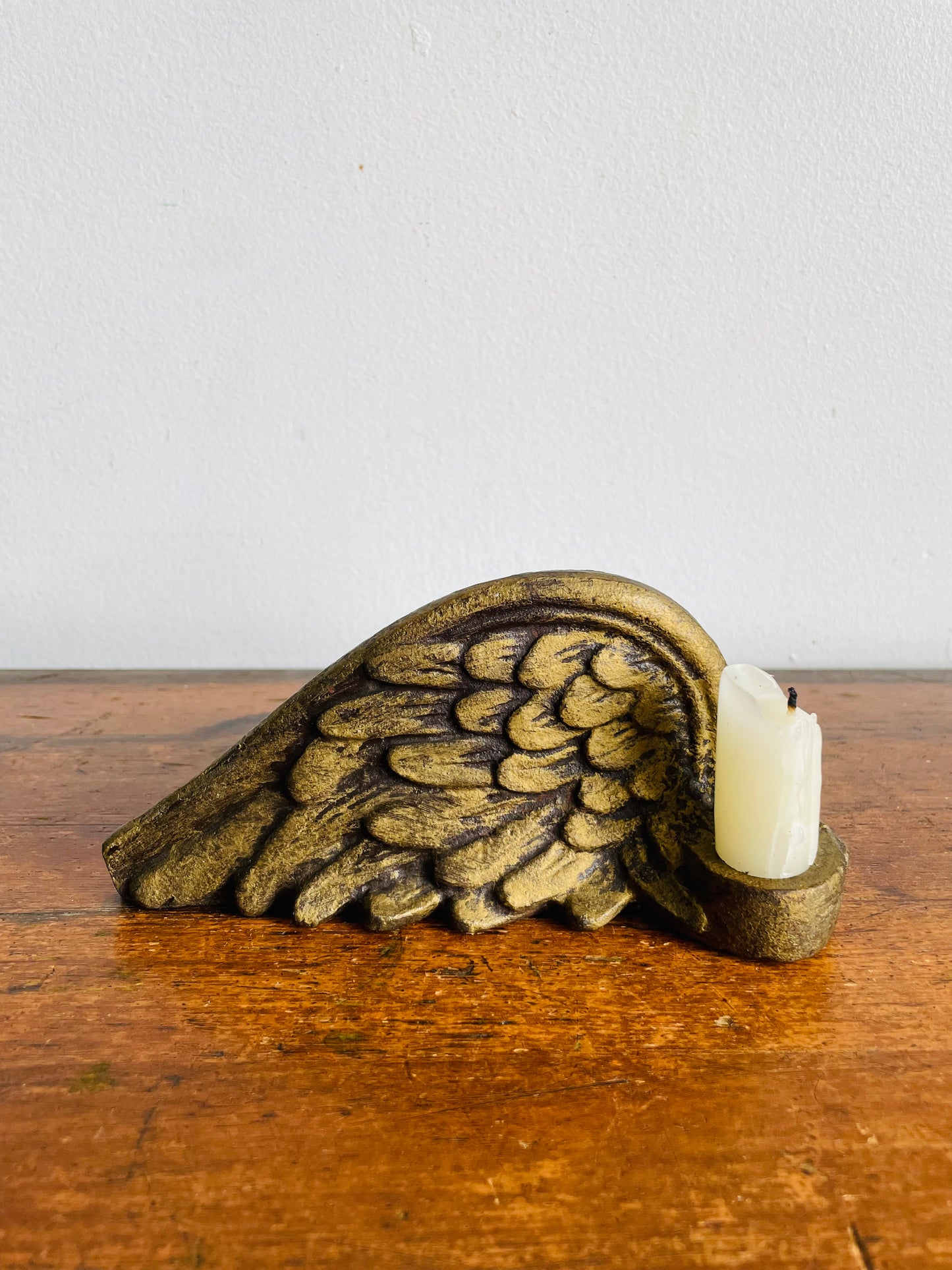 Vintage Solid & Heavy Gold Cast Iron Angel Wing Candle Holder