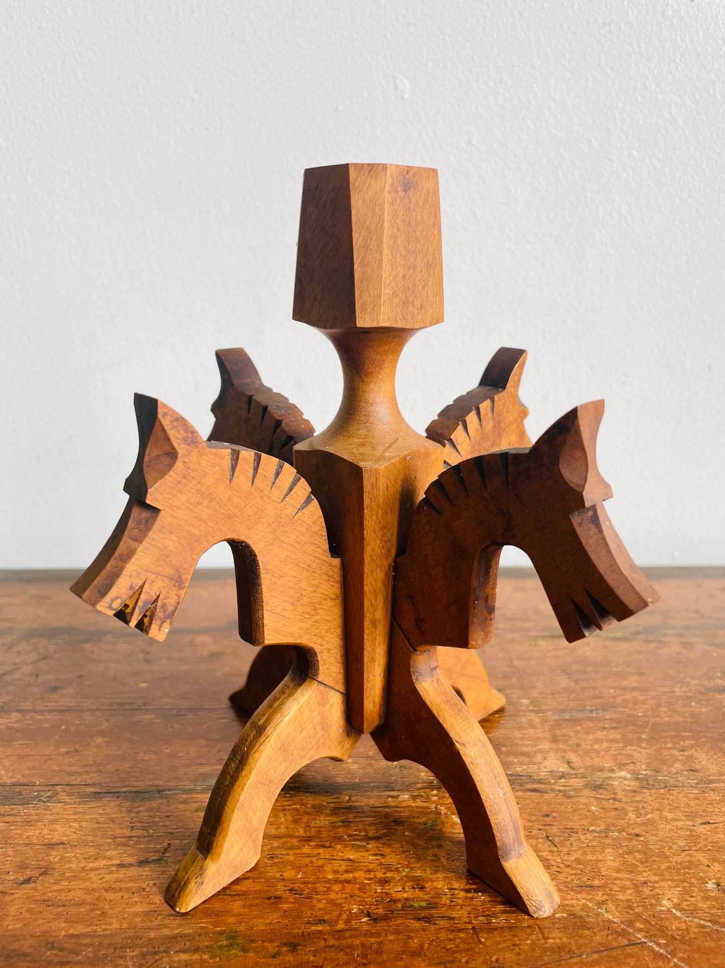 Vintage Swedish Odinstake Wood Candle Holder with Interlocking Puzzle Horse Figurines by Bertil Johansson - Sparlösa Sweden