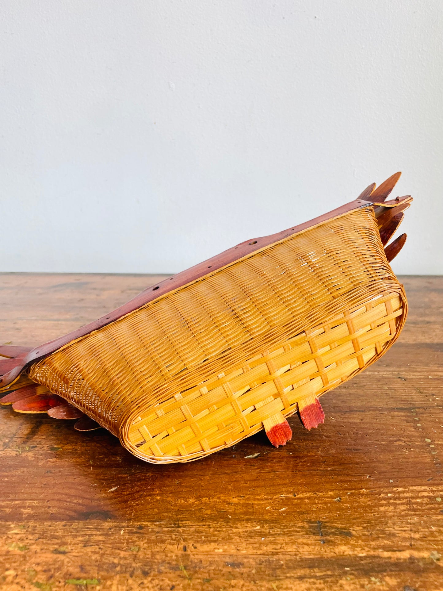 Vintage 1970s Wicker Wood Owl Wall Pocket Basket - Can Stand or Hang on Wall - 15" Wingspan - No Shipping